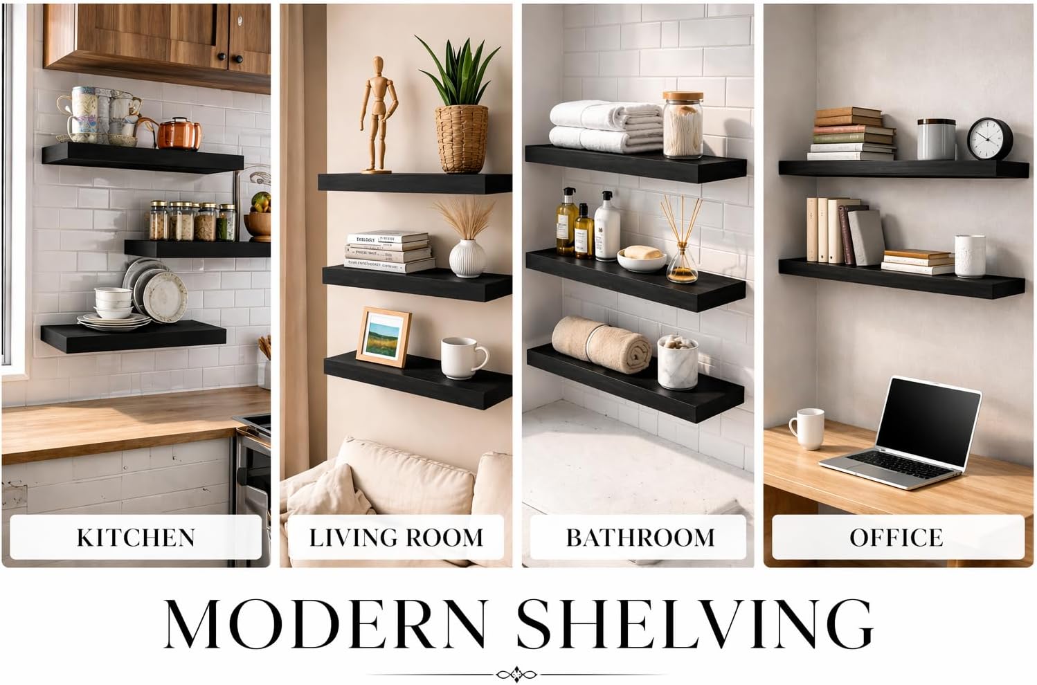 KOLDEN Floating Wall Shelves Set of 3 – 100% Solid Wood Rustic Shelves, Heavy Duty 22 lbs, Wall Mounted Storage for Bathroom, Living Room, Bedroom, Kitchen (Black)