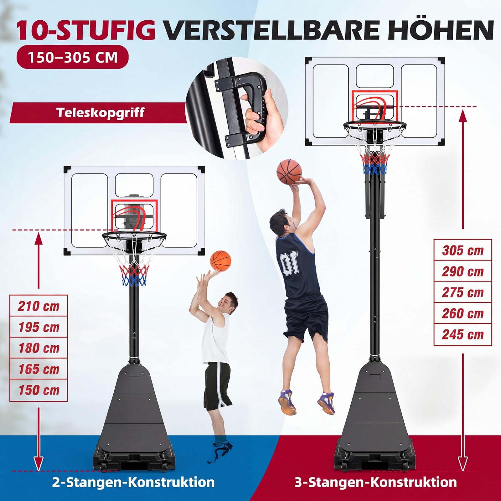 COSTWAY Basketballkorb Outdoor mit Kurbel, 150/245-305 cm höhenverstellbar | Basketballständer mit Ballrücklauf, 2 Rädern & PC-Rückwand, mobile Korbanlage, Korbsystem tragbar für Kinder, Erwachsene