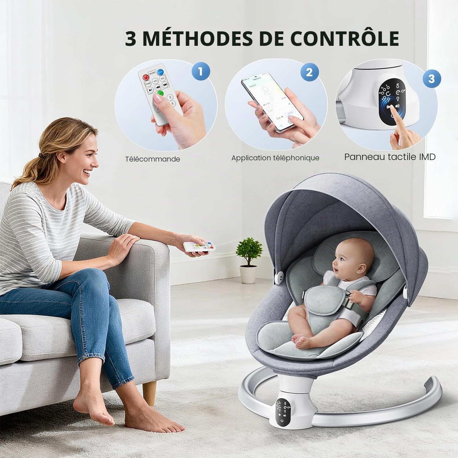 Transat Bébé Electrique, APP et Télécommande Balancelle Bébé Dès La Naissance à 9kg, Harnais à 5-Points Amélioré Balançoire pour Baby avec 3 minuteries, 5 Vitesses et 10 Mélodies (Gris)
