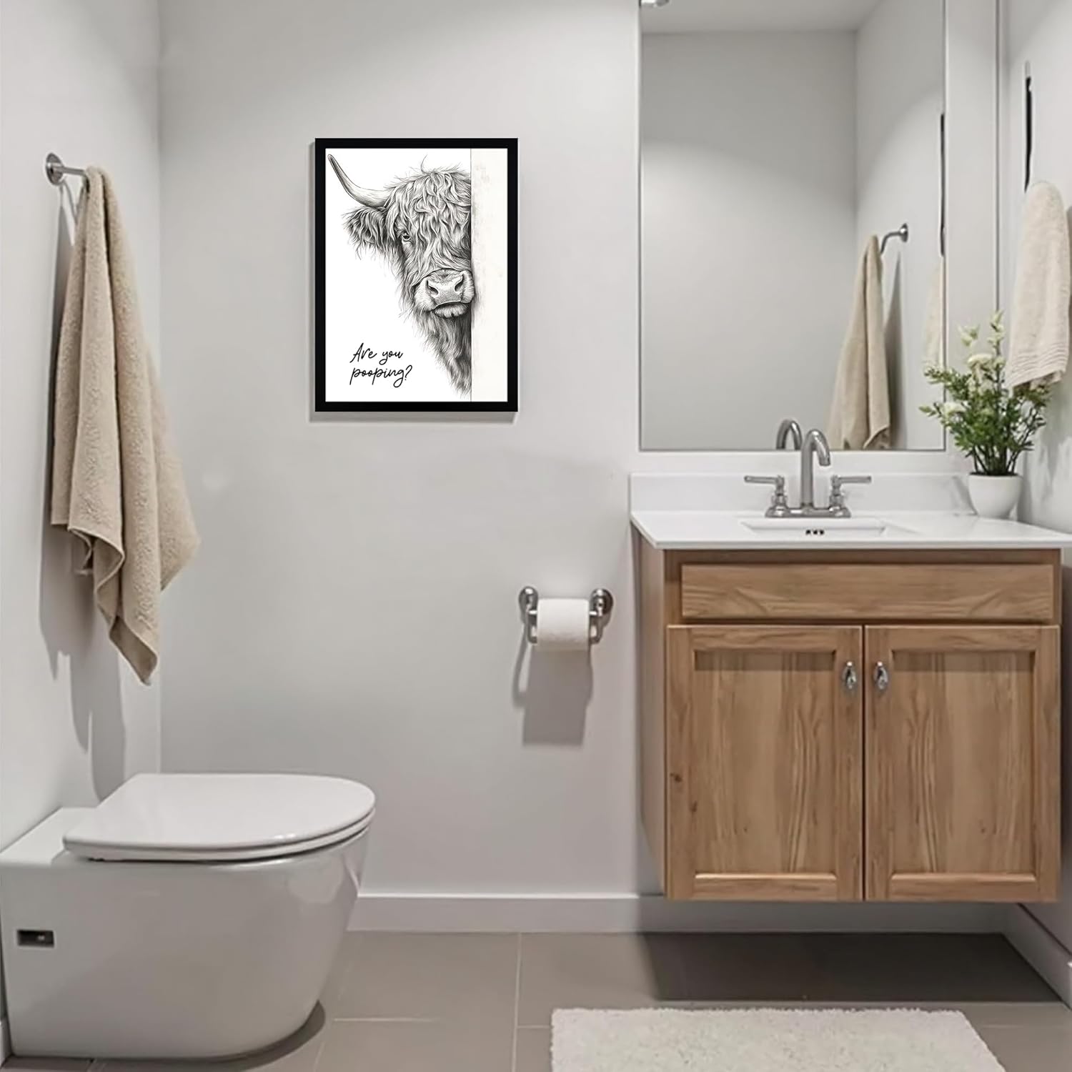 WRFON Framed Highland Cow Bathroom Wall Art, Funny Highland Cow With Are You Pooping Artwork Print, Black and White Animal Canvas Wall Painting, Modern Farmhouse Decoration for Home Decor, 12"W x 16"L