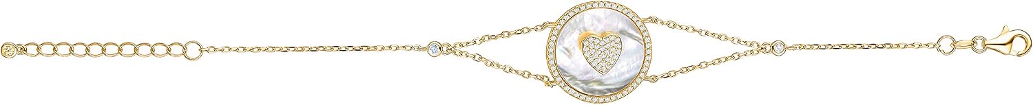 Sterling Silver Bracelet Heart in Circle Disc Mother of Pearl Simulated Diamonds Double Chain 7.5"