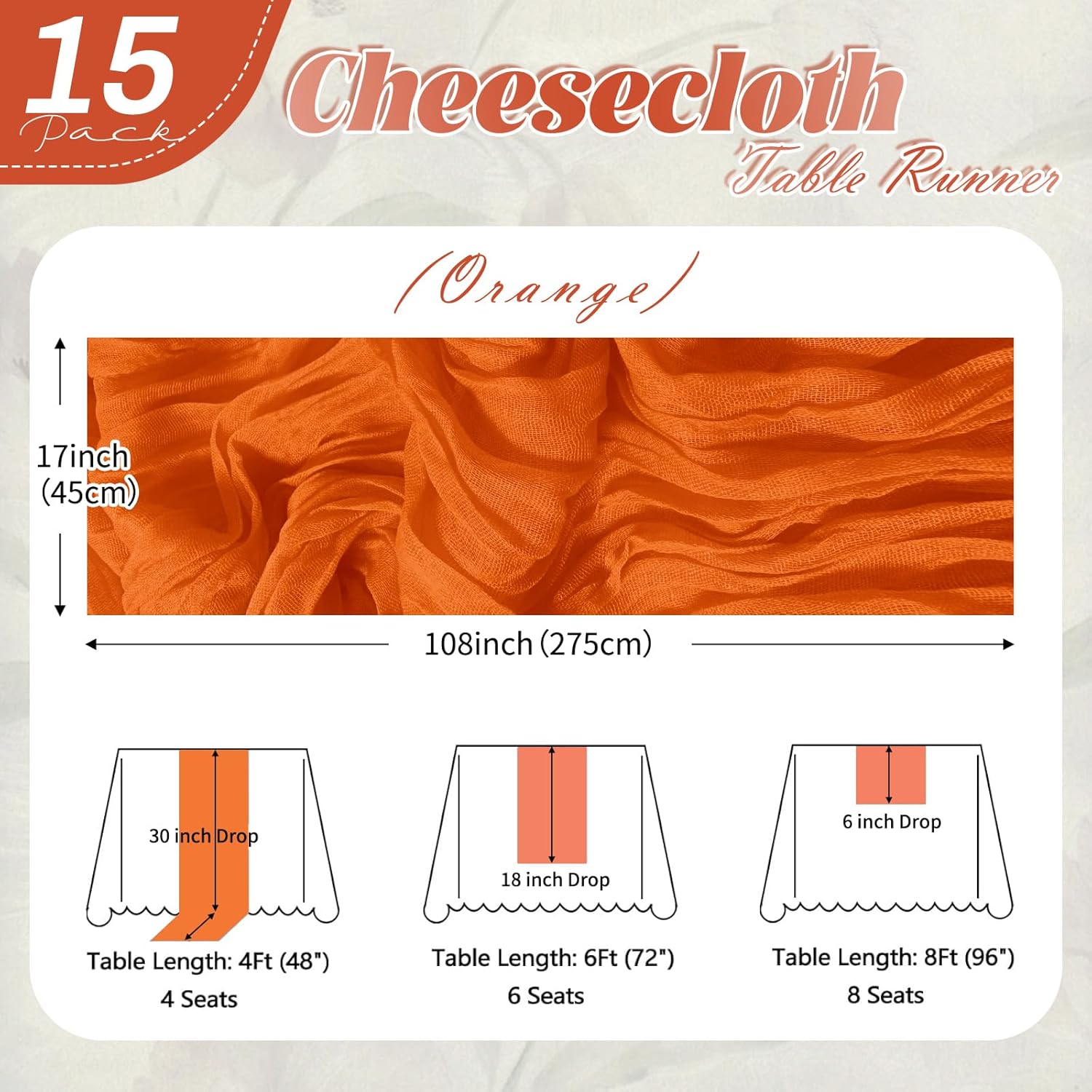 15 Pack Orange Cheesecloth Table Runner 17 x 108 inch Cheese Cloth Table Runners 9ft Orange Table Runner Rustic Romantic Sheer Gauze Runner for Wedding Party Baby Shower Table Decoration