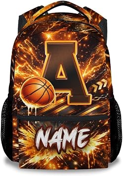 COZYAURA Basketball Backpack for Boys - Personalized Kids School Backpack with Initial Name - 17 Inch Sports Bookbag for Elementary Preschool Students