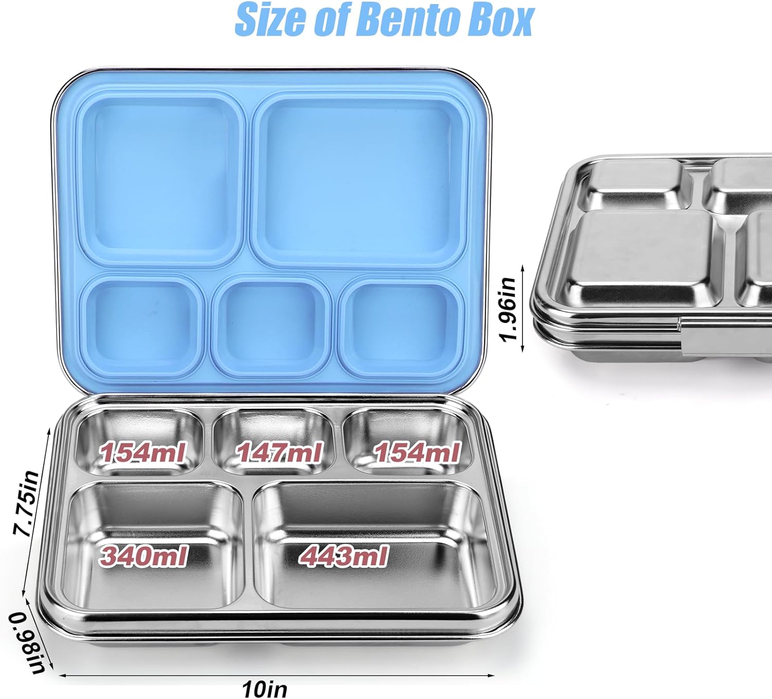 Palksky Lunch Bento Box Stainless Steel, Metal Bento Boxes for Kids Leak-Proof, 5 Compartments Lunchable Food Storage Containers with Lid for School, Office, Travel - Blue