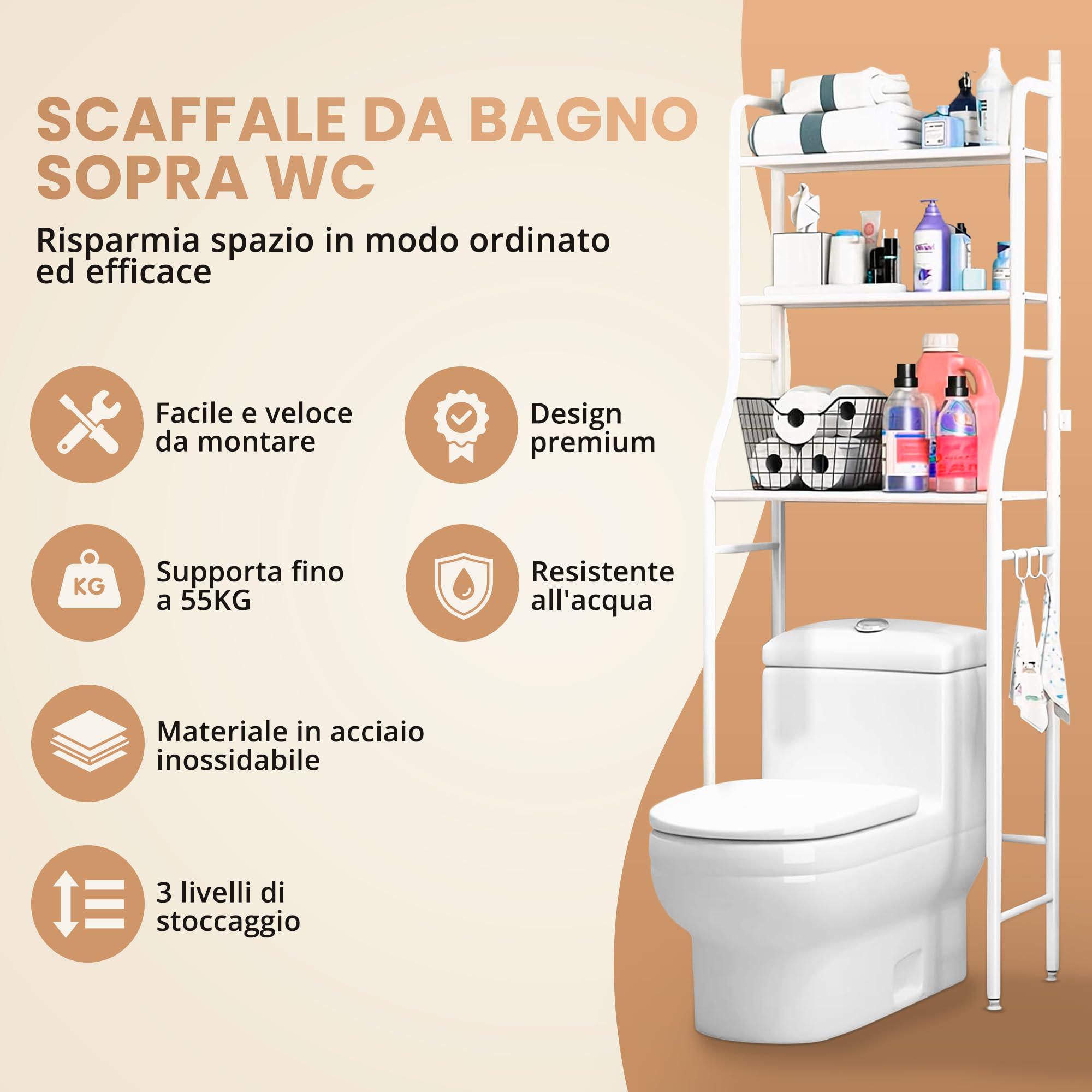 JUPPLIES Mobile Sopra WC Bagno 3 Ripiani Salvaspazio Scaffale Sopra Toilette Metallo 47x26x153cm Piedi Regolabili Anti-Ribaltamento