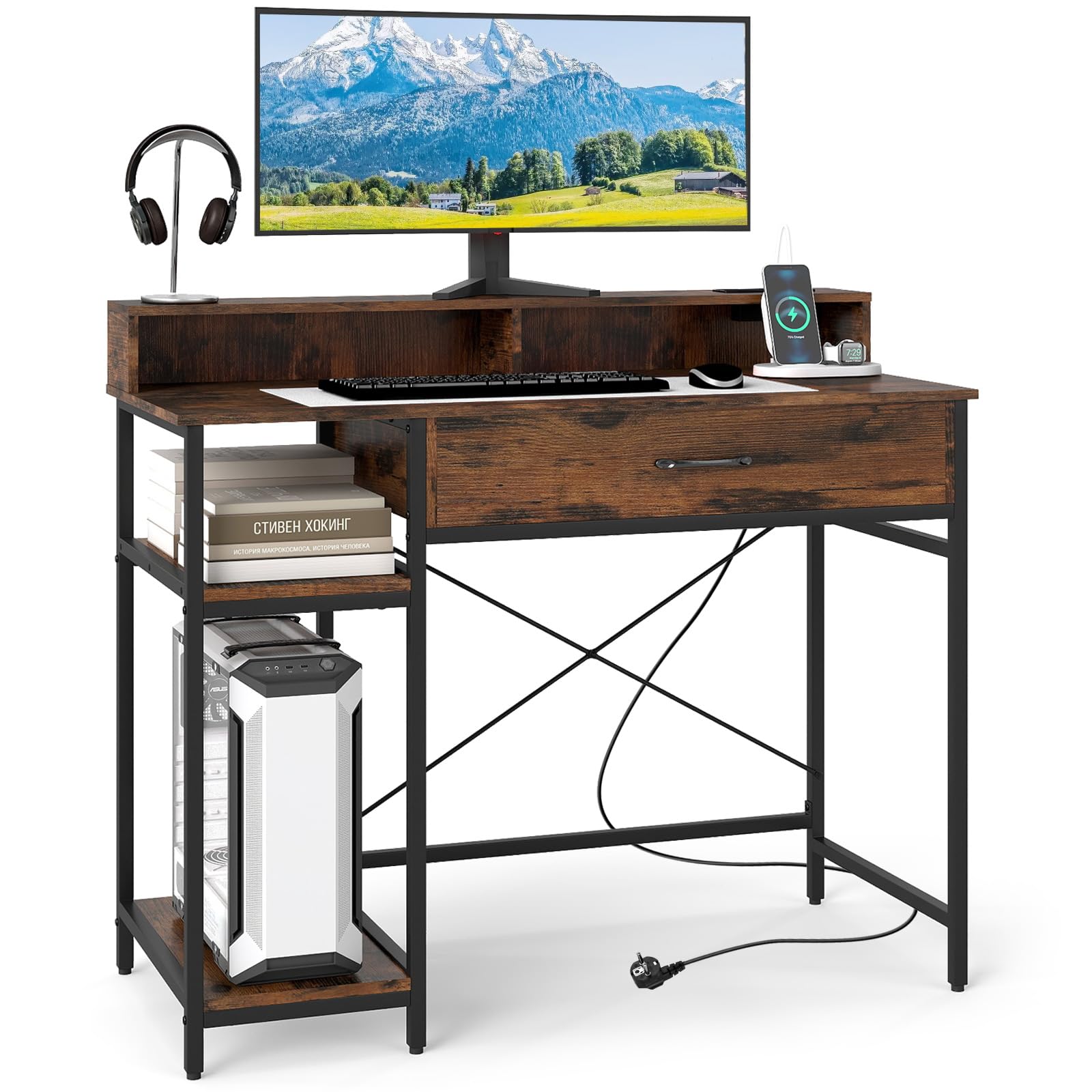 GIANTEX Escritorio de Ordenador con Cajón, 2 Estantes Laterales y 2 Cubos Abiertos, Mesa de Trabajo con Soporte de Monitor y Estación de Carga, 106x48x90,5cm, para Oficina, Dormitorio (Marrón)