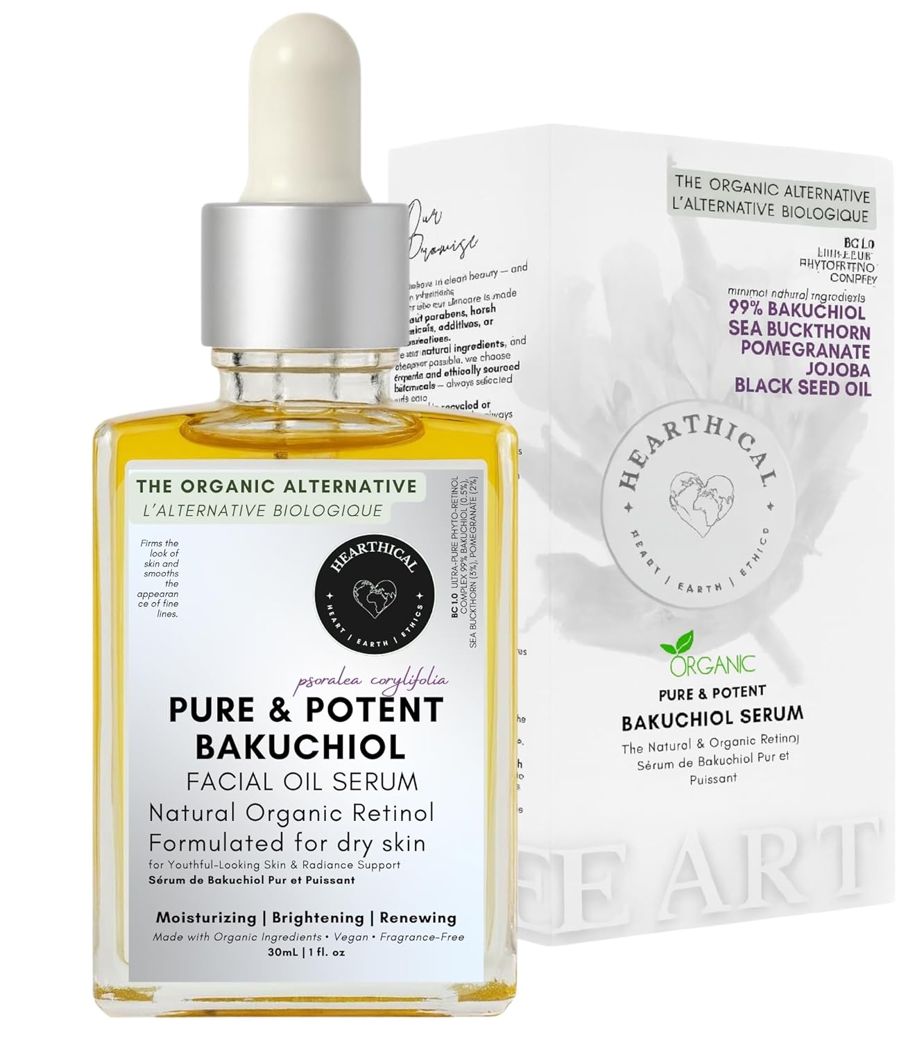 Organic Oil-Based Bakuchiol Serum For Face | 1oz Natural Retinol Alternative for Glowing Skin | Brightening Serum For Face | 99% Pure Bakuchiol Oil with Jojoba & Sea Buckthorn | Made In USA