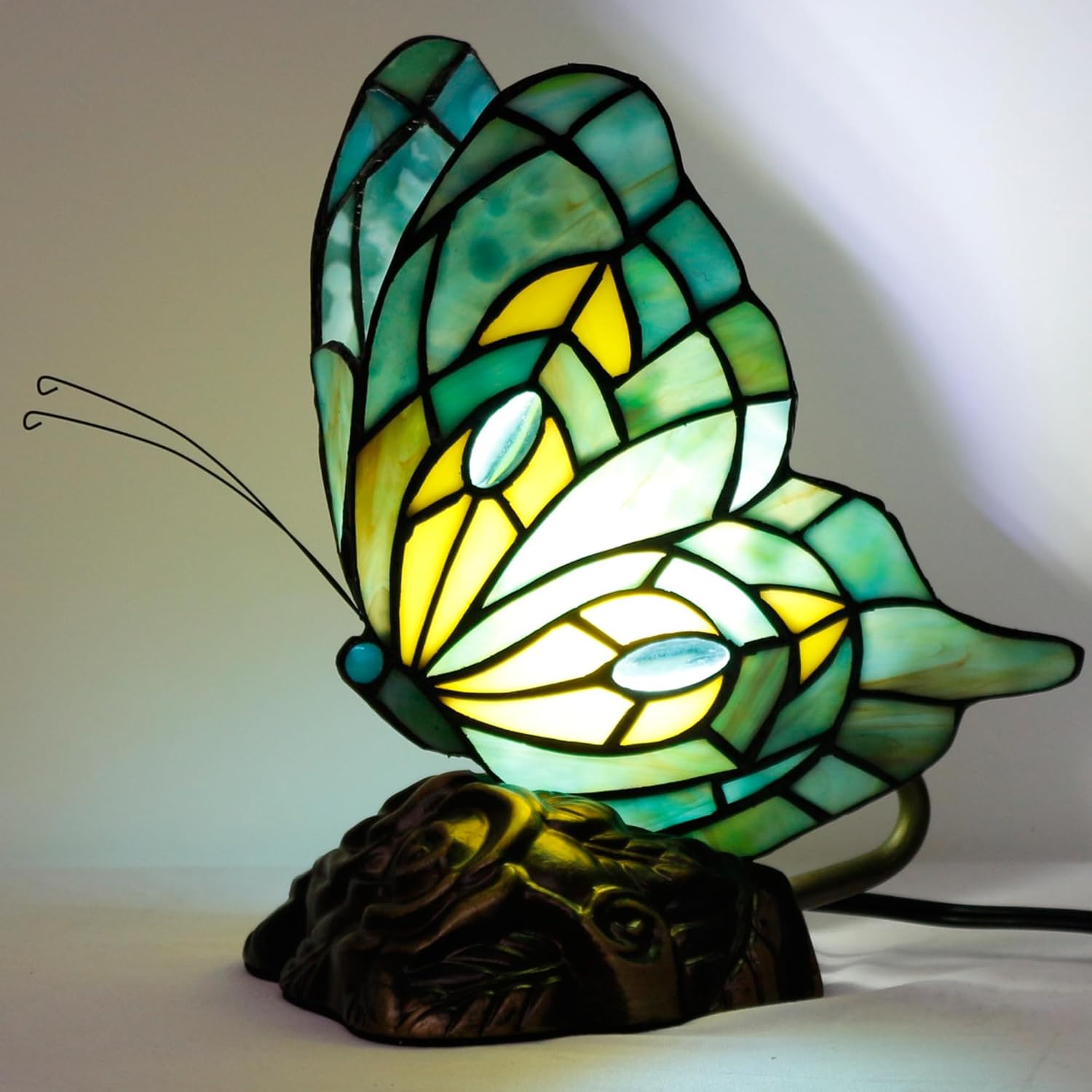 Small Tiffany Table lamp Stained Glass Butterfly Desk Lamp 7X5X9.8 Inch Accent Antique Light (Green Butterfly)
