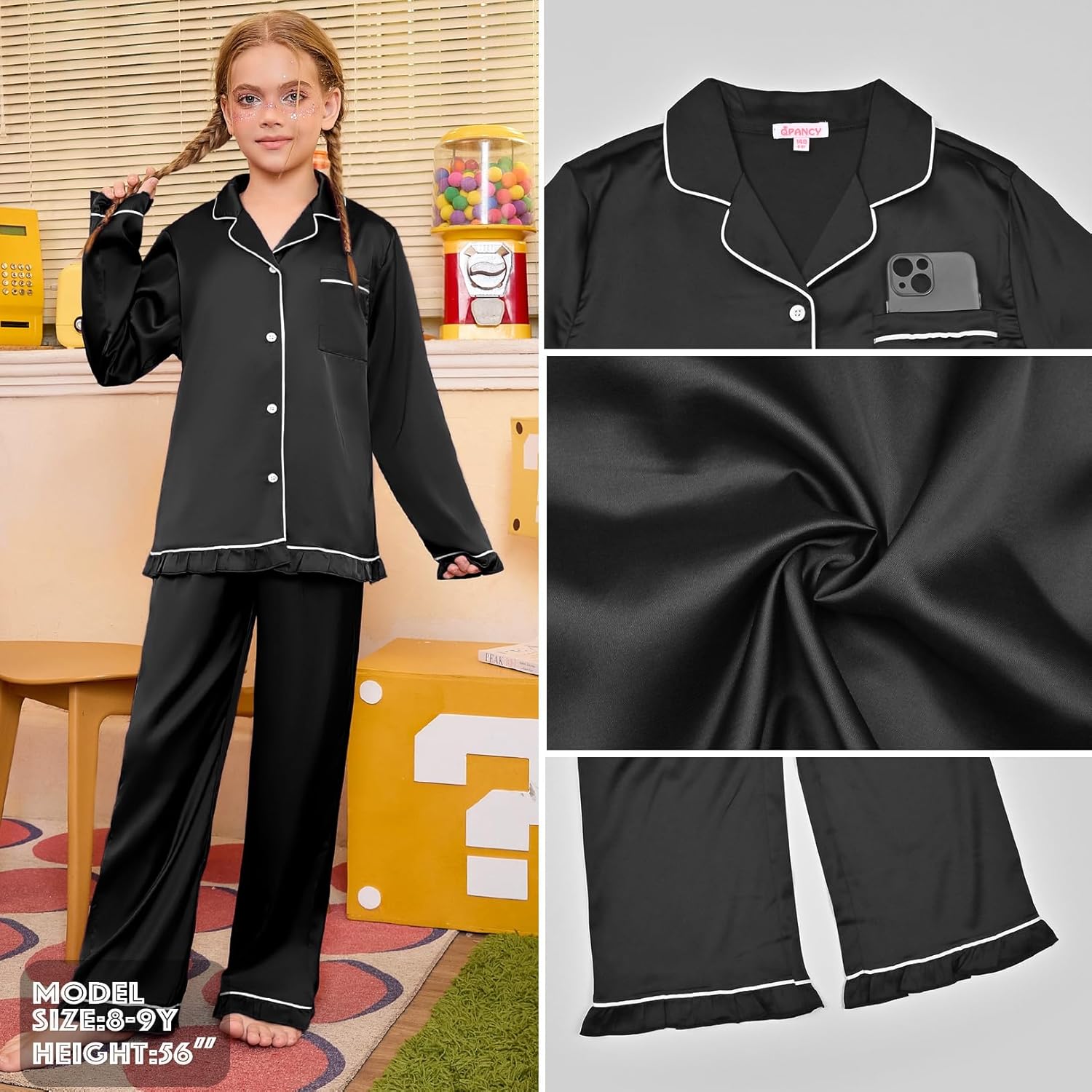 QPANCY Kids Satin Pajamas Sets Silk Pjs for Girls Ruffle Long Sleeve Button Down Sleepwear 2 Piece Loungewear Clothes Set - Image 5