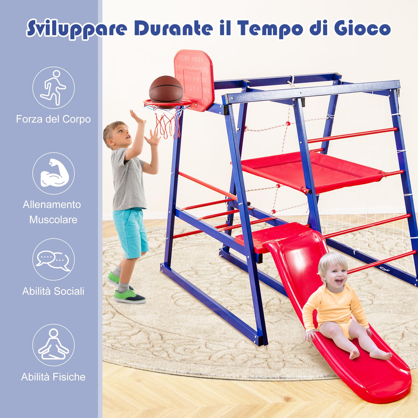 GYMAX Parco Giochi 7-in-1 per Bambini, 150x142x146 cm, Set di Giocattoli con Scivolo, Rete da Arrampicata, Scala, Canestro da Basket e Porta da Calcio, Centro di Attività Interni Esterni, 3-7 Anni