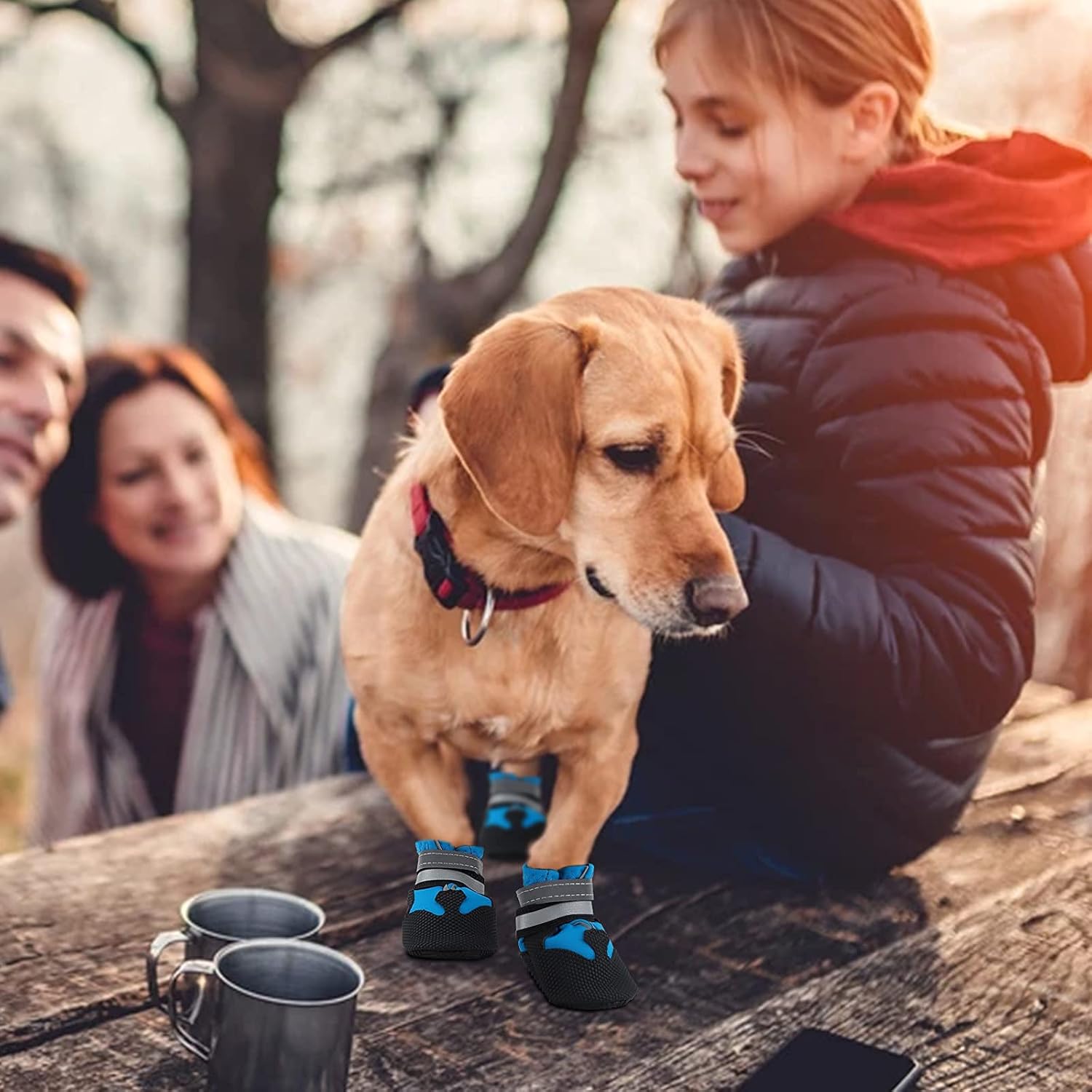 Dog Boots, Set of 4 Waterproof Dog Shoes with Reflective Straps Anti-Slip Sole Outdoor Paw Protectors Dog Shoes for Small Medium Dogs Autumn Winter, Blue (L) 7