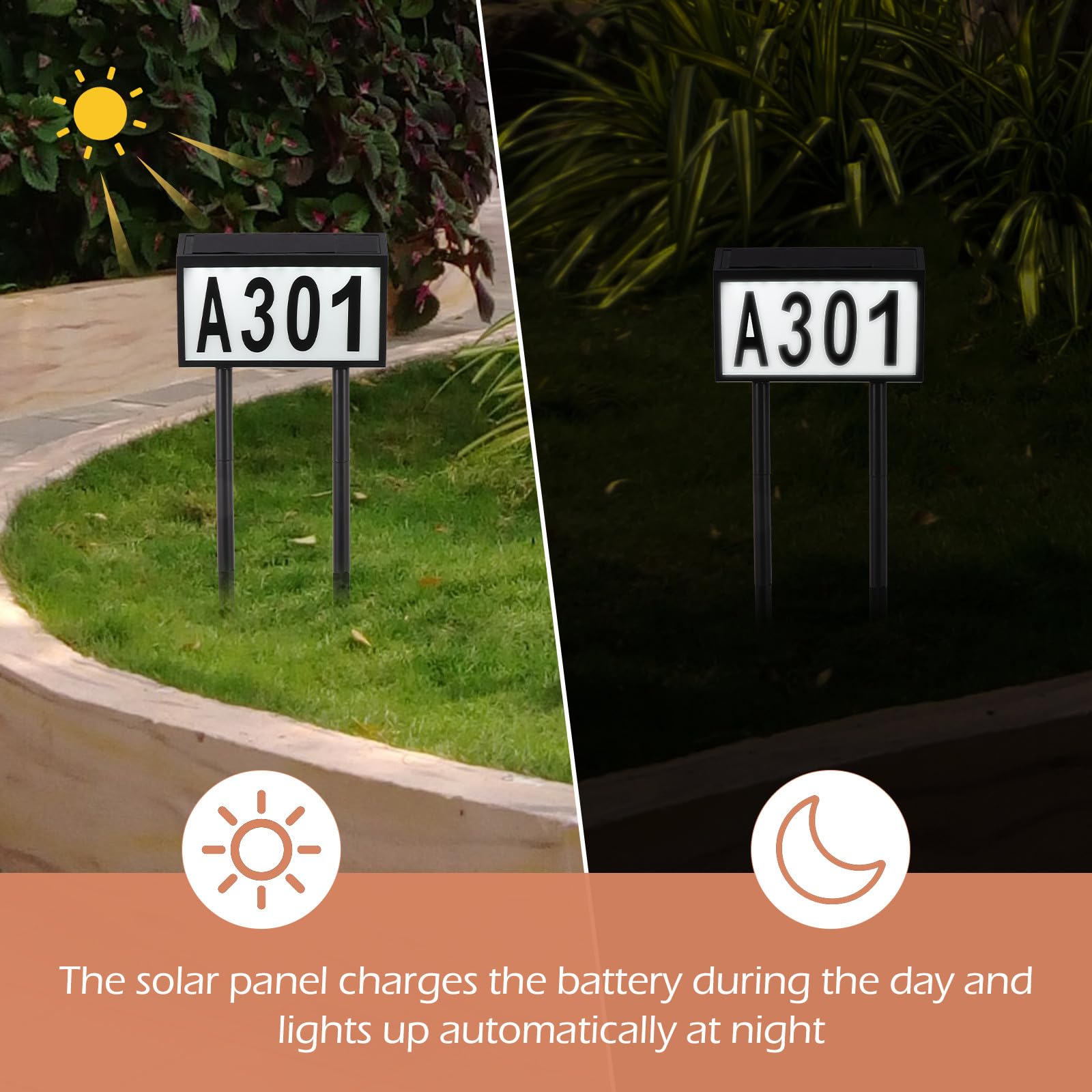 TEHAUX Luce Solare Porta Numero da Terra 10 Led, Materiale Abs e Pc, Illuminazione Automatica per Insegna Indirizzo Esterno, Kit per Ristorante o Fioreria