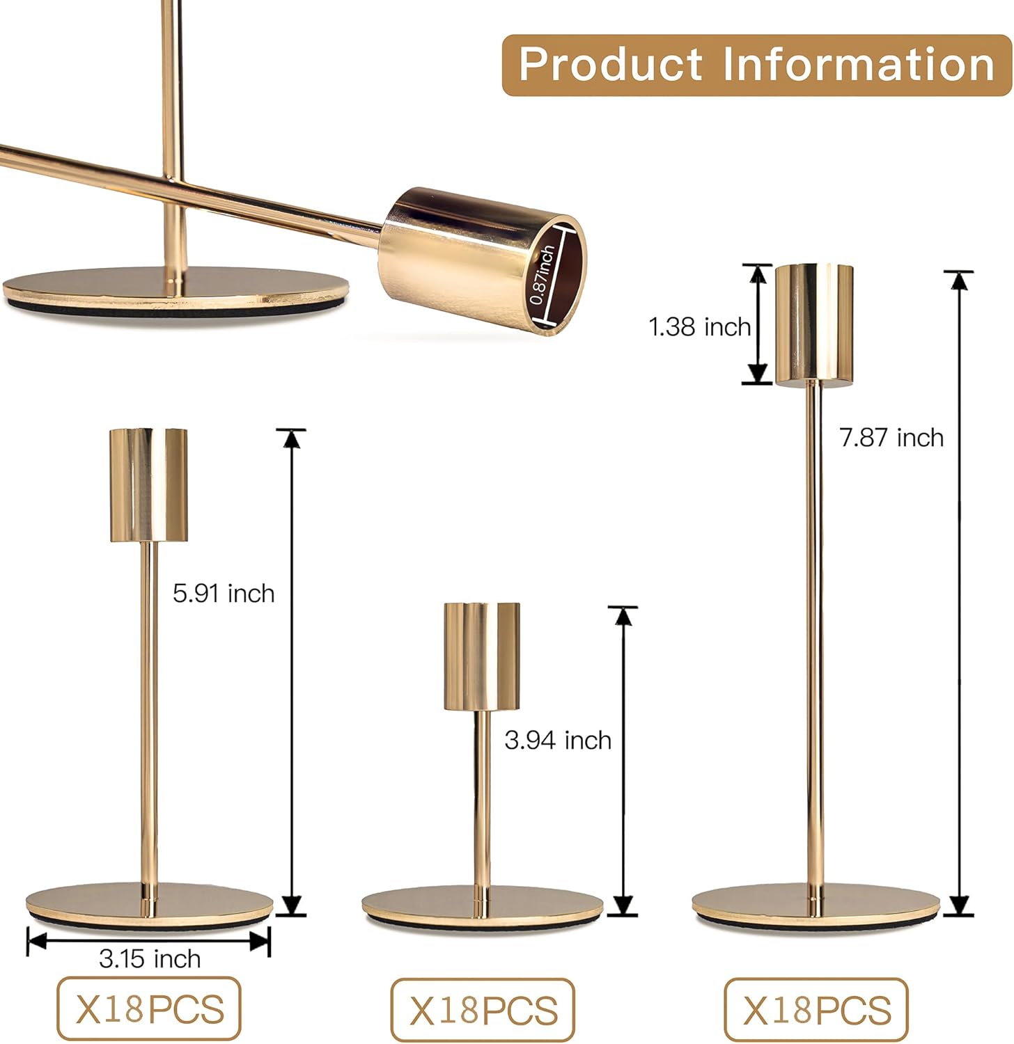 Gold Candlestick Holders - Bulk Decorative Metal Candelabra for Taper Candles, Fits 0.8 Inch Diameter, Gold Taper Candle Stands for Wedding, Home, Party Table Decor (Set of 54) Gold 54 pieces