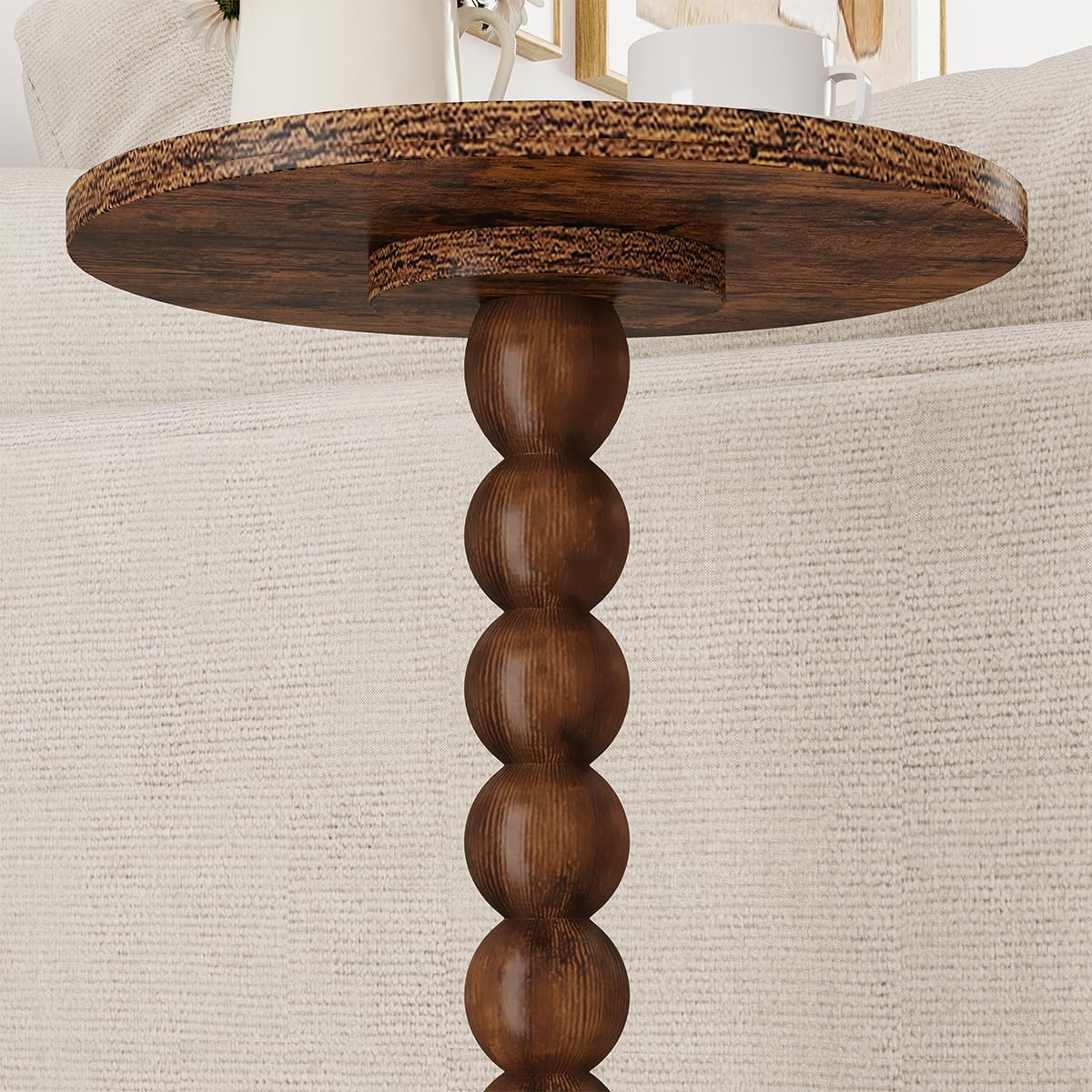 Round Side Table, Small Drink Table for Small Spaces, Pedestal End Table for Living Room, Modern Accent Nightstand with Solid Wood Leg for Bedroom, Corners and Office Brown Color UTBT005F