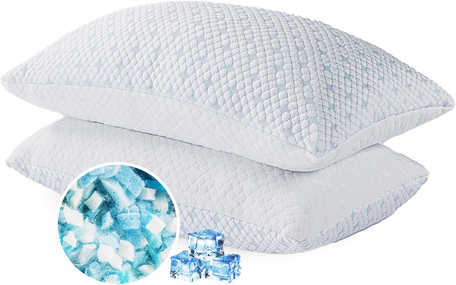 Shredded Memory Foam Pillows Queen Size Set of 2, Cooling Pillows for Sleeping, Adjustable Bed Pillows for Side, Back or Stomach Sleepers, Neck Pillow with Removable Cover, Hot Sleepers (2 Pack)