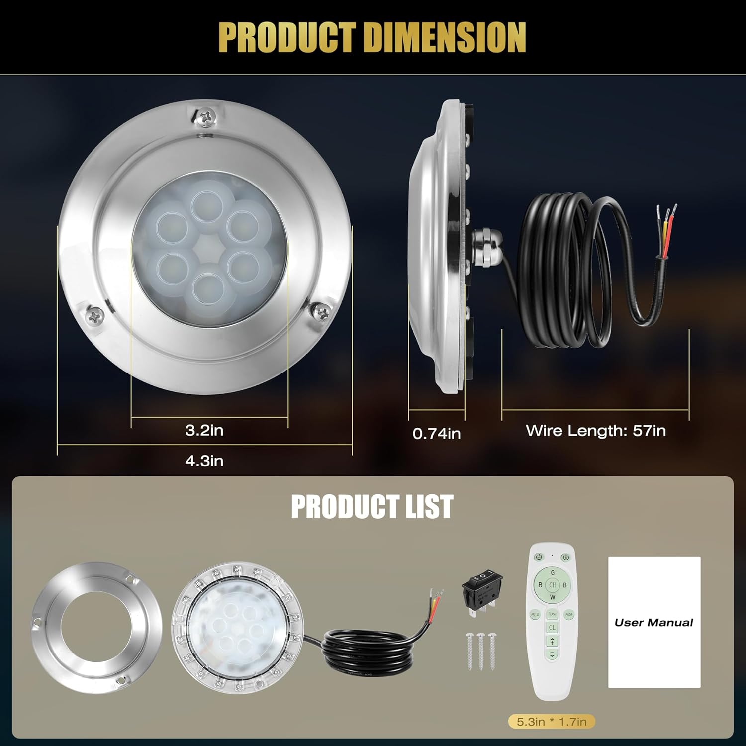 Goldlife 6,000LM Marine Underwater LED Light for Boat, B4-1 RGBW w/RF Remoter Switch, 4.3" 60W DC10-30V 6LED, Dimmable Color-Changing IP68 Submersible Yacht Transom Pontoon Light Surface Mount