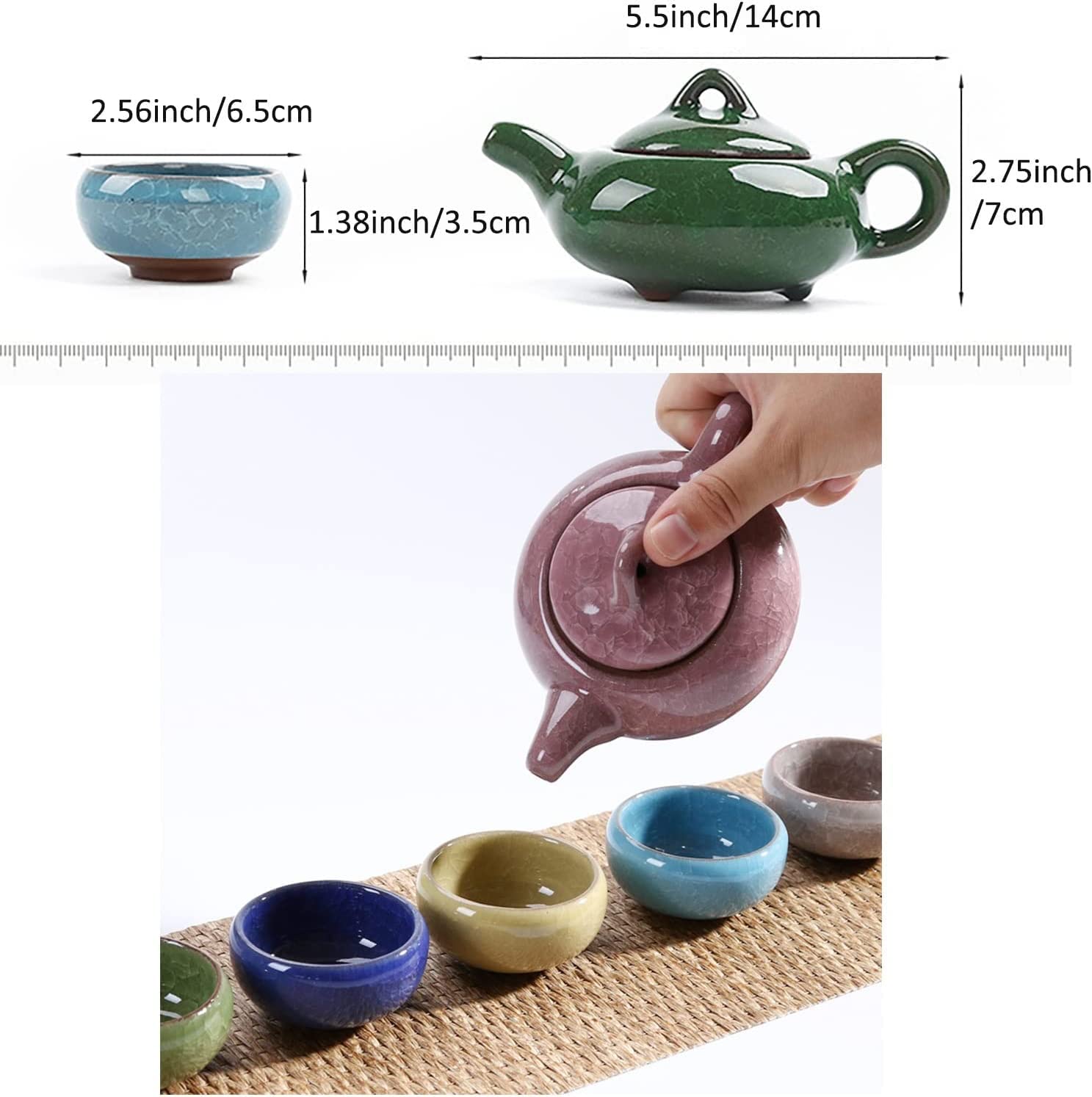 Klasyczny zestaw do herbaty z kolorową porcelaną z efektem spękania lodu - chiński zestaw filiżanek do herbaty Kung Fu, mały zestaw z 6 filiżankami do herbaty w wielu kolorach, wartość kolekcji