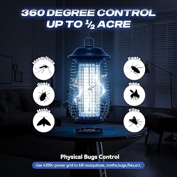 Bug Zapper Indoor & Outdoor, 4200V Electric Mosquito Zapper, 10 Years Lifespan, 6.5ft Power Cord, Waterproof, Fly Trap Mosquito Trap, Fly Killer Fly Zapper for Home, Patio, Kitchen, Backyard, Camping