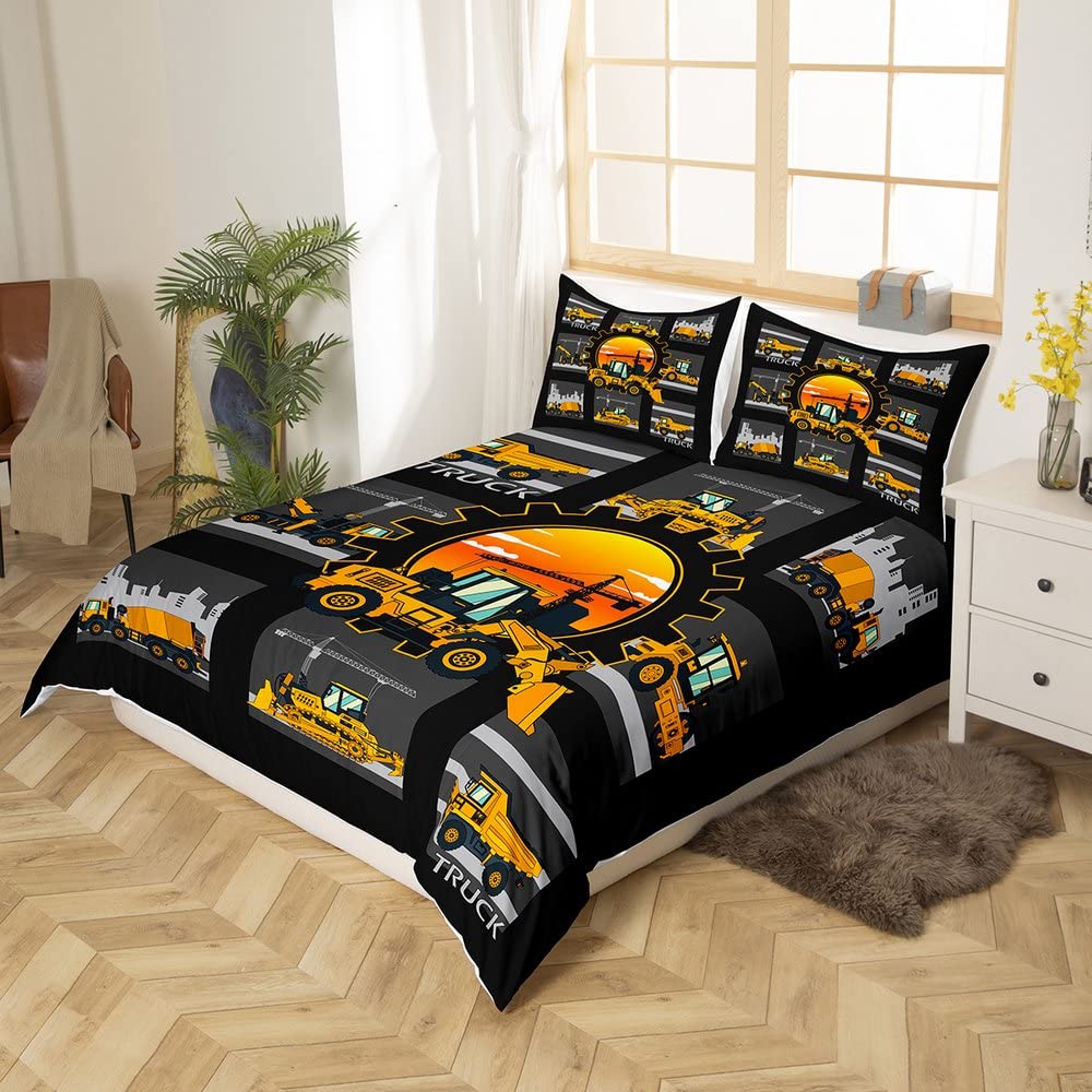 Erosebridal Excavator Duvet Cover King Tractor Truck Bedding Set Construction Vehicle Comforter Cover for Boys Kids Girls Teens Cartoon Heavy Machinery Car Quilt Cover, Gray Yellow
