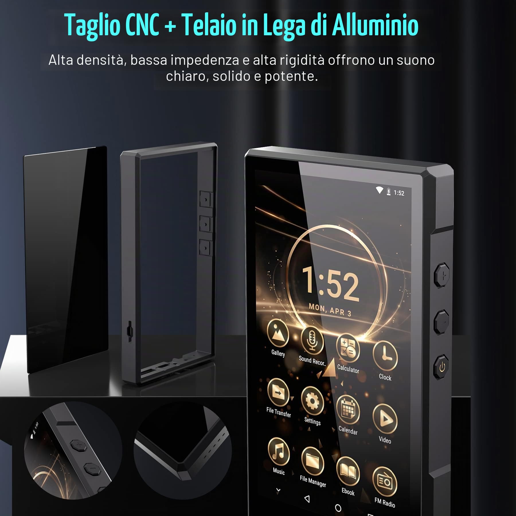 Lettore MP3 da 3 + 96 GB con Bluetooth, Supporta APK Scaricato, Batteria 5000 mAh Preinstallata Spotify, Audible e 5.0" IPS, MTK8 Core, Alloggiamento in Alluminio CNC fino a 1 TB