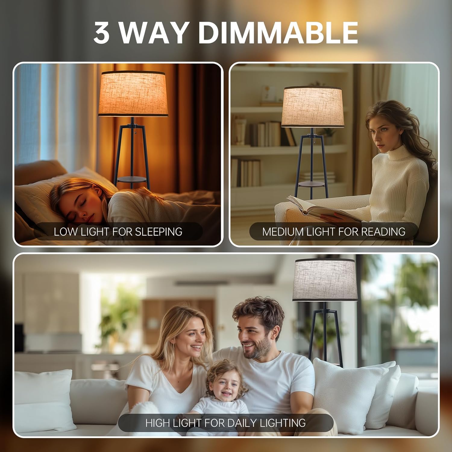 3 Tier Shelf Floor Lamps for Living Room, Modern Standing Lamp with 3 Color Temperature Led Bulb, Tall Lamps for Bedroom and Office, Walnut