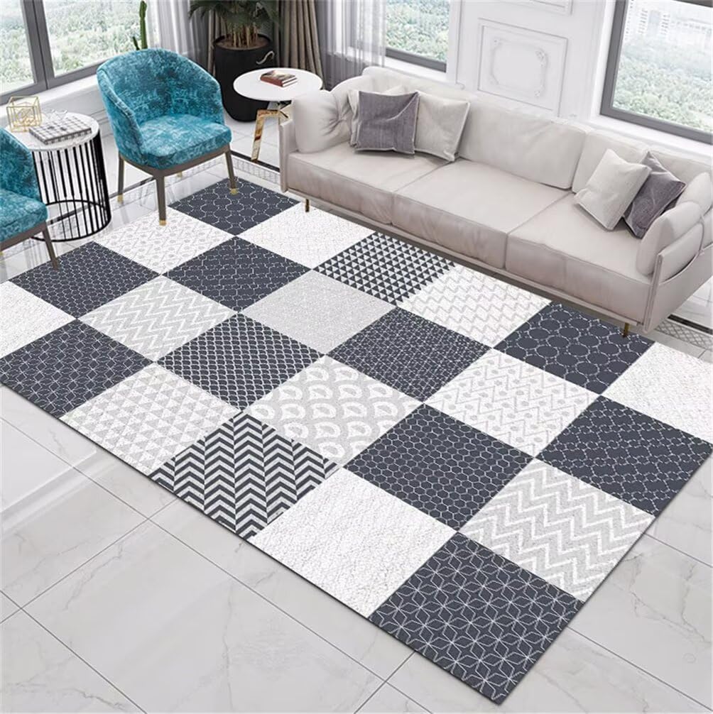 Tapis facile d'entretien gris et bleu motif géométrique sol
