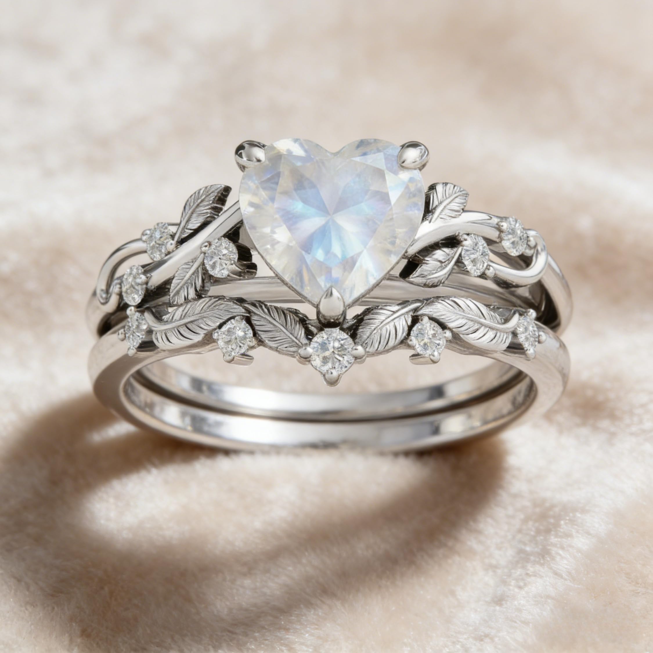 SILACETE 10K 14K 18K Gold Herz Geburtsstein Verlobungsring Set für Damen Blatt Art Deco Ring Herzschliff Vintage Ranke Geburtsstein Braut Hochzeits Versprechen Ring Set Größe4~15
