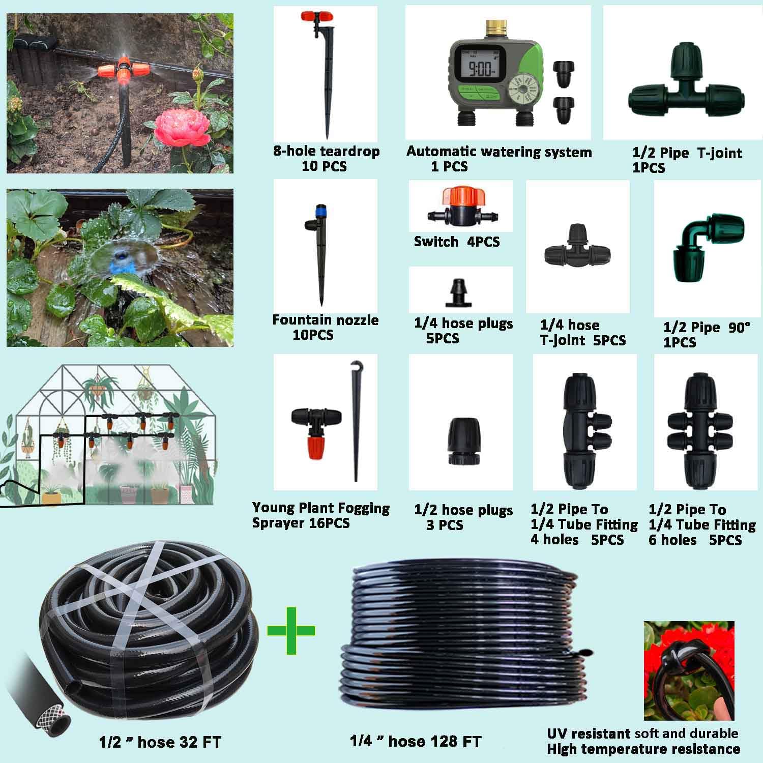Sistema di irrigazione a goccia per giardino con timer dell'acqua, ID principale 1/2" 32Ft e 1/4" 131Ft tubo dell'acqua, doppio sistema di irrigazione sufficiente pressione dell'acqua, gocciolatore di
