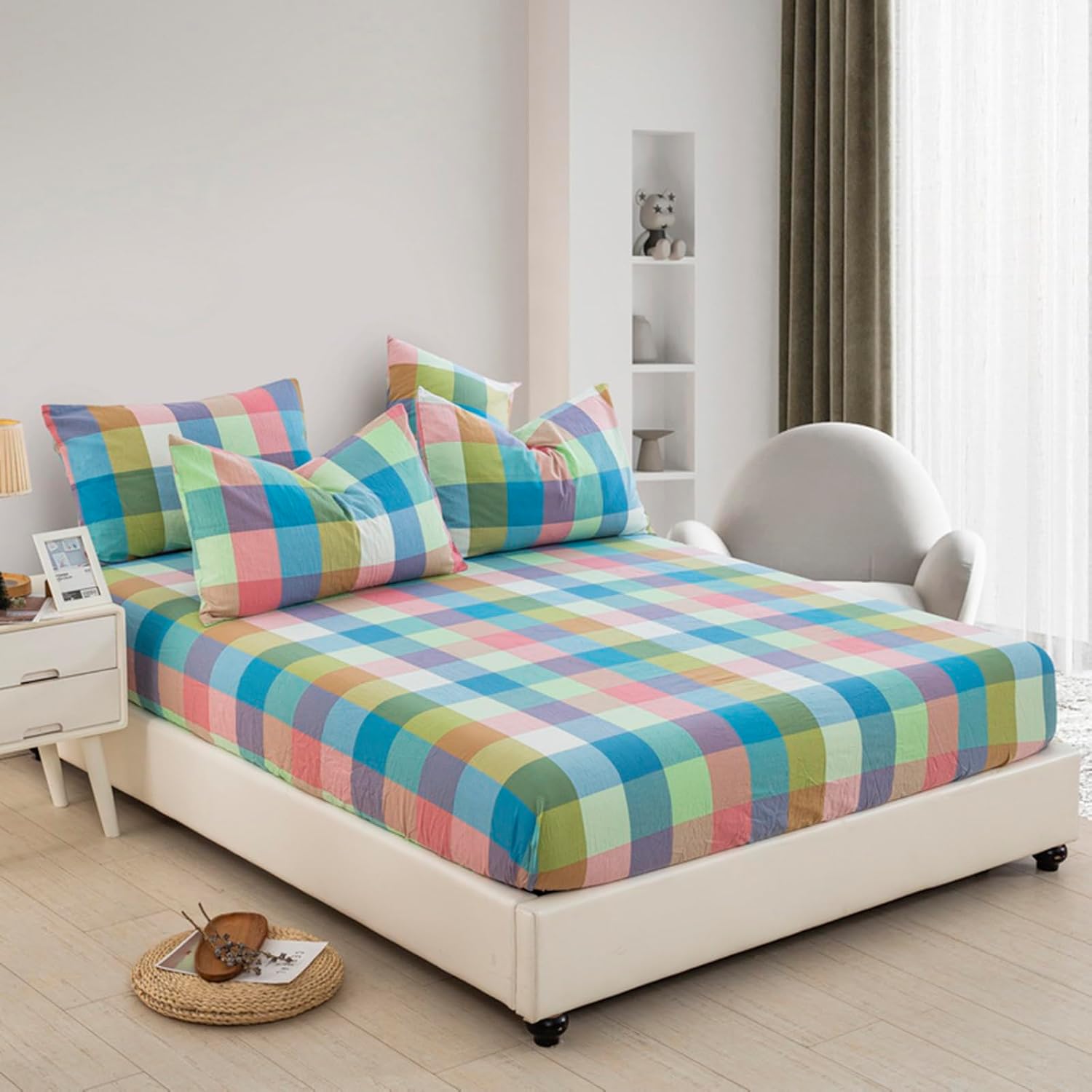 ZIQINPSQ Fitted Sheet Plaid Mattress Protector, 100% Cotton Plaid Fitted Mattress Pad Cover with Deep Pocket Up to 18'' (Multicolor, Twin XL)