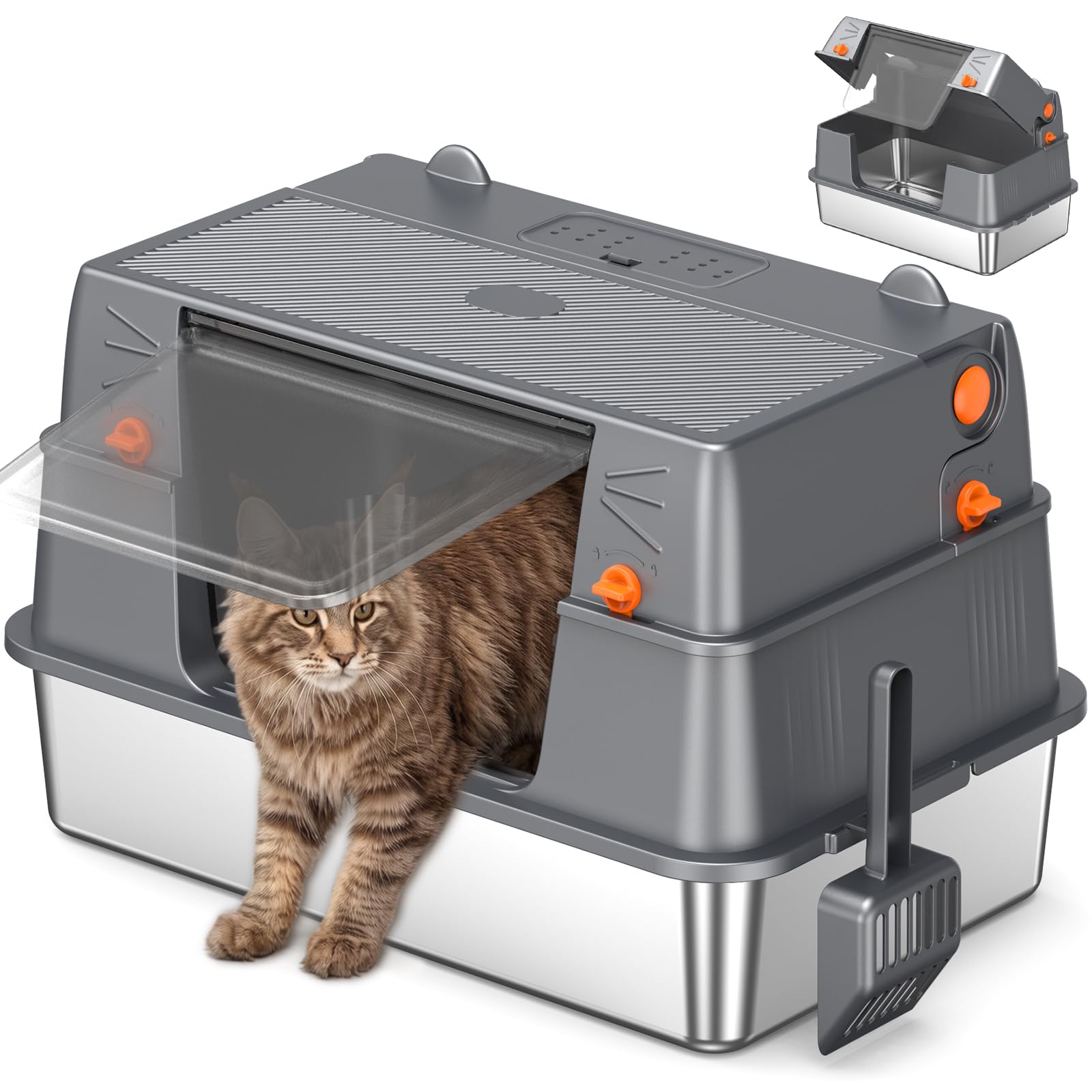 Edelstahl Katzentoilette Geschlossen 100° Klappdeckel,Dunkelgrau | Metallwanne, Vollständige Öffnung, Leichte Reinigung, 55L Volumen, Stabil Für Große Katzen