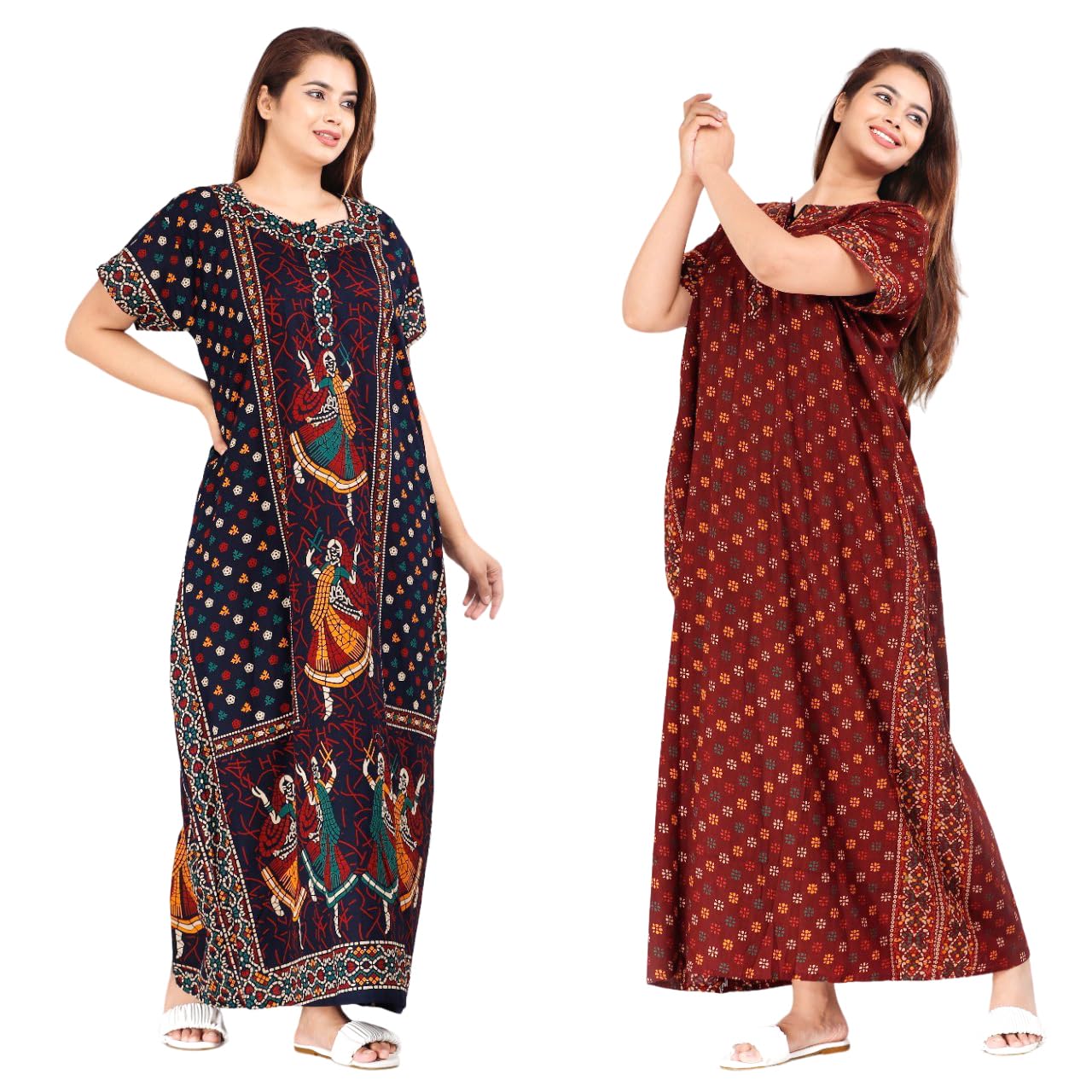 Nighty for Women Cotton Combo (Pack of 2 Pcs) Nighty Gown Floor Length Round Neck Short Sleeves Jaipuri Maxi Gown Free Size-picture-14