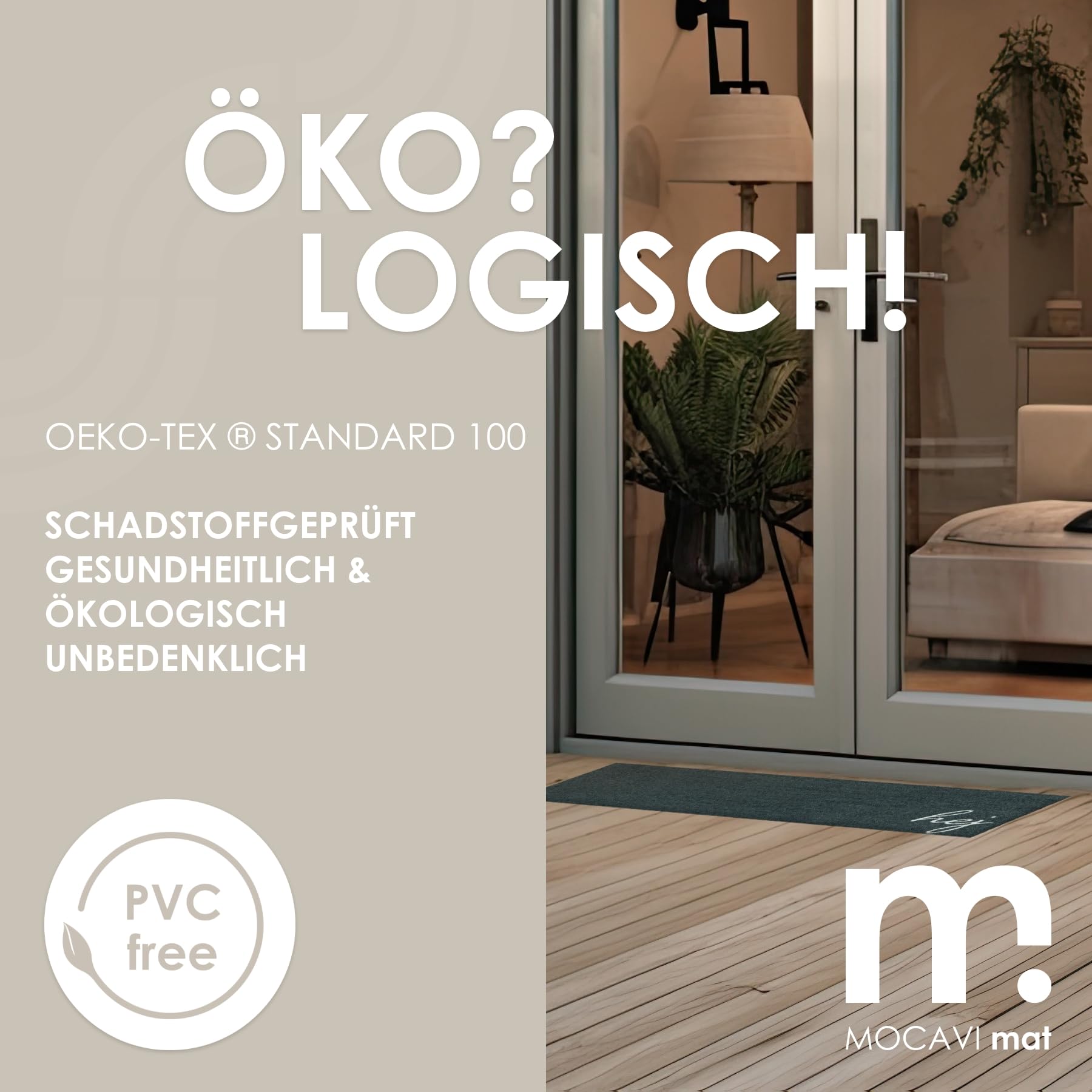 MOCAVI Mat Fußmatte Schuhparkplatz 30x100 cm waschbar warm-grau Hej Scandi Schuh-Teppich lang, schmal, Schuhe ausziehen, Deko sbereich innen, außen, Matte, Haustür, Stiefelmatte