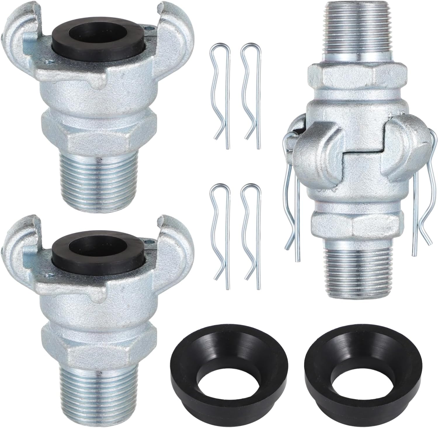 NPT Iron Air Hose Fittings, 2 Sets 3/4 Inch Male End Chicago Fitting, Universal Hose Coupling, Air Hose Fitting Set with Safety Clips & Spare Rubber Gaskets, Carbon Steel Leakproof Air Hose Coupler
