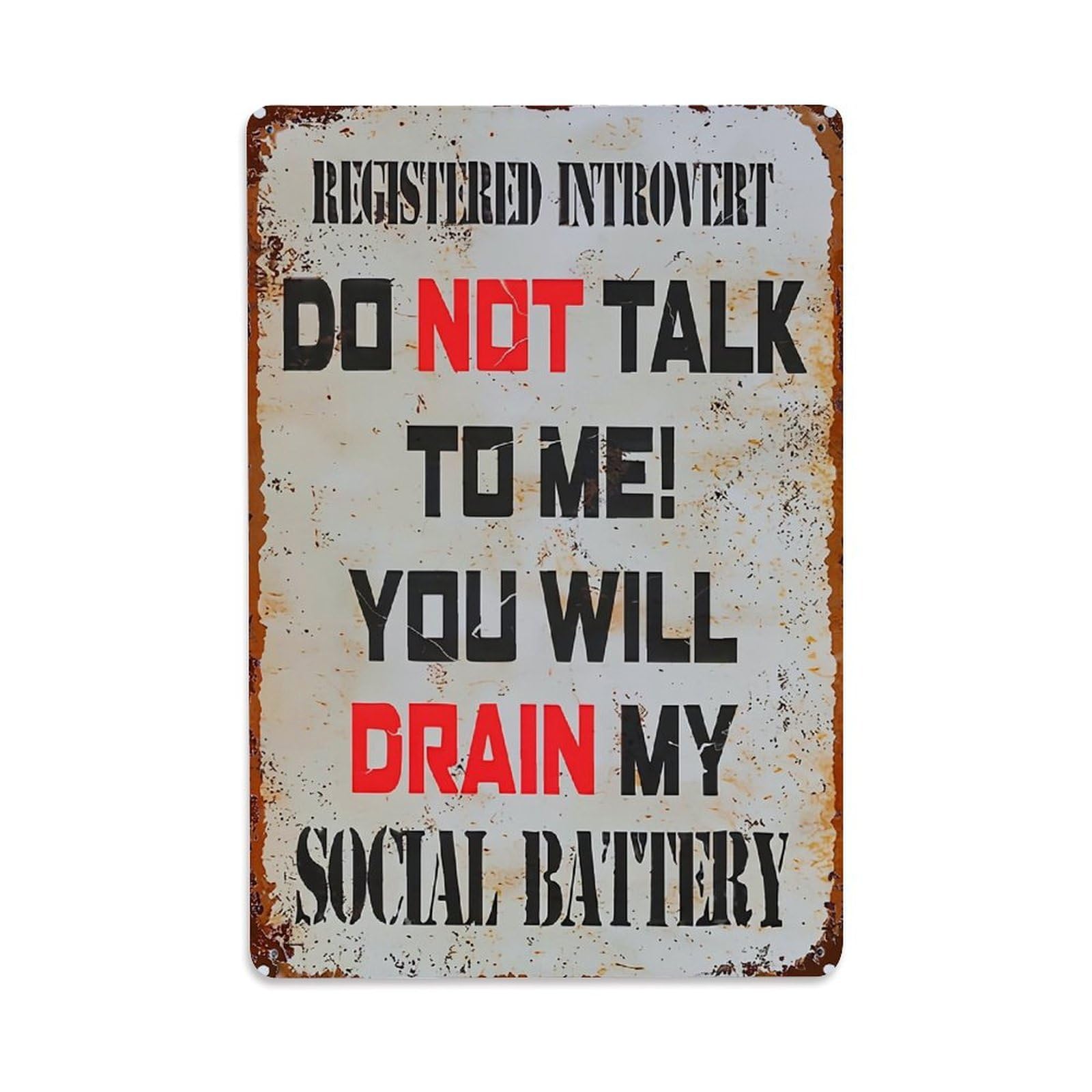 Jdfenggu Vintage Registered Introvert Do Not Talk To Me You Will Drain My Social Battery Retro Metal Tin Sign, Decor Art Poster For Bar, Home, Man Cave, Kitchen, Laundry Room Gift 8X12inch