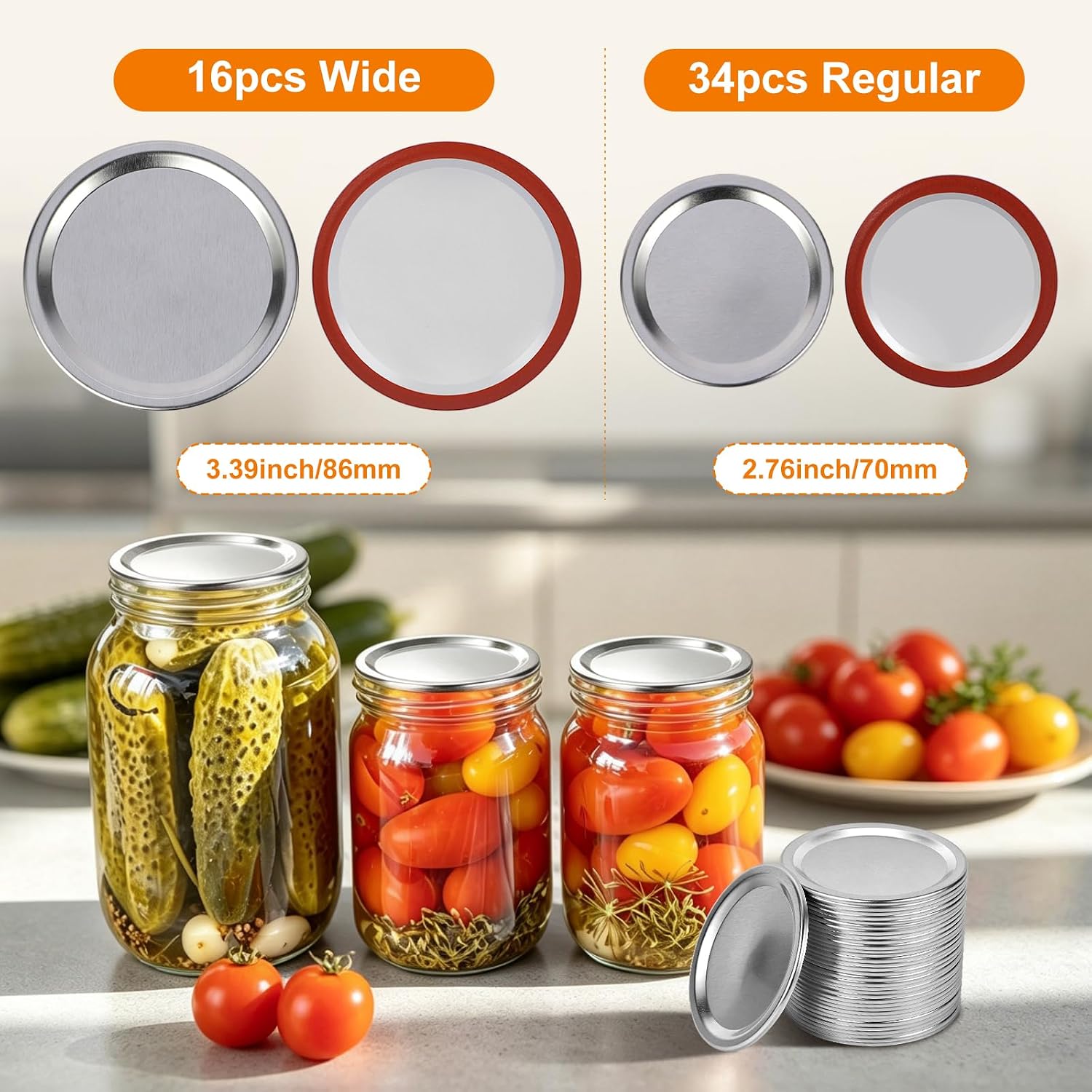 50 Pcs Canning Lids, Regular (34Pcs) and Wide (16Pcs) Mouth Mason Jar Lids