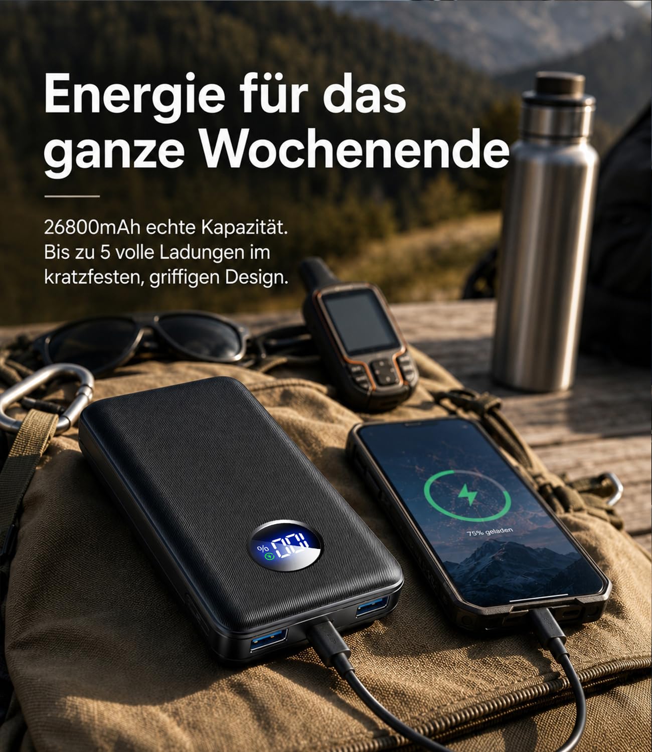 Powerbank 26800 mAh, 22,5 W, funzione di ricarica rapida, batteria esterna con 3 uscite (USB-C 20 W PD 3.0 & QC 3.0 USB-A), approvato per aerei, caricabatterie compatto per iPhone 17, 16, 15, Samsung