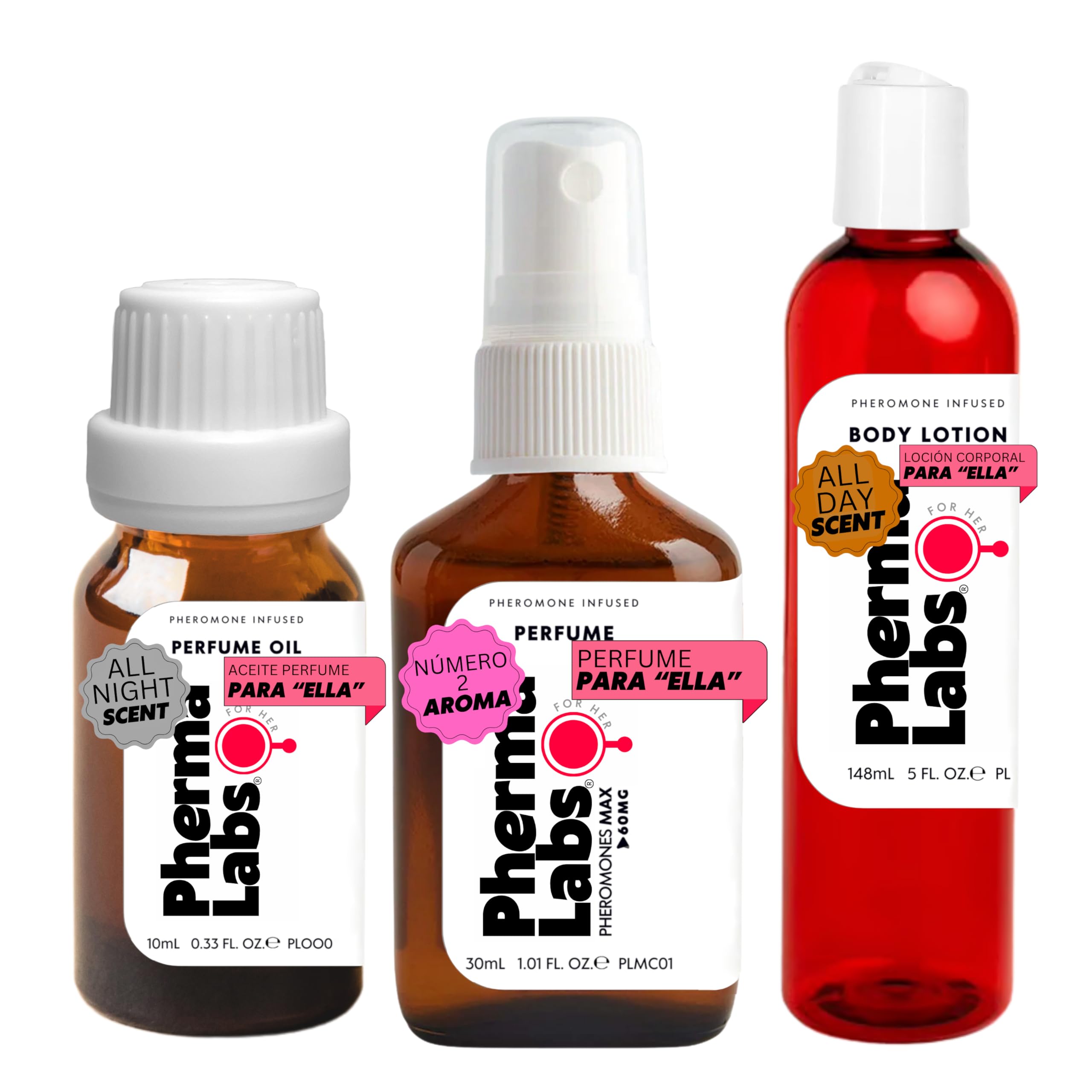 PHERMALABS Set de Regalo Feromonas Perfume Bundle: Perfume, Aceite Corporal y Loción Corporal (3 artículos) - para ella [atraer hombres]