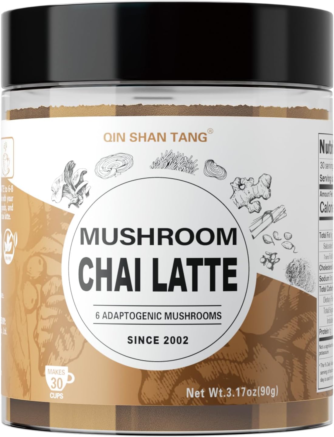 QIN SHAN TANG Mushroom Chai Latte, 30 Servings, 6 Mushrooms Blend with Lion's Mane, Reishi, Chaga & Masala Chai Spices, Black Tea Powder for Focus & immune- Coffee Alternative, 90g