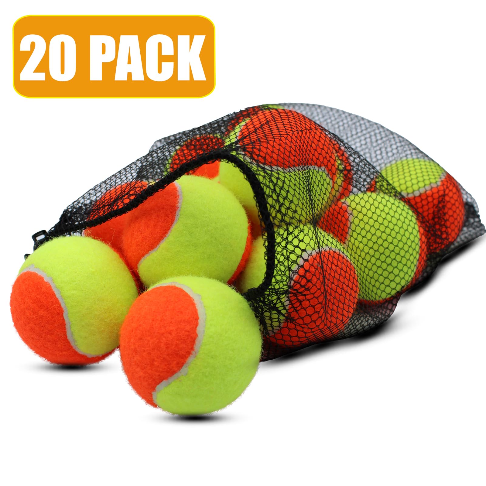 Magicorange Palline da tennis, confezione da 20, 50% a bassa compressione, palline da tennis per principianti, giovani e bambini, per allenarsi, con borsa a rete per un facile trasporto (arancione)