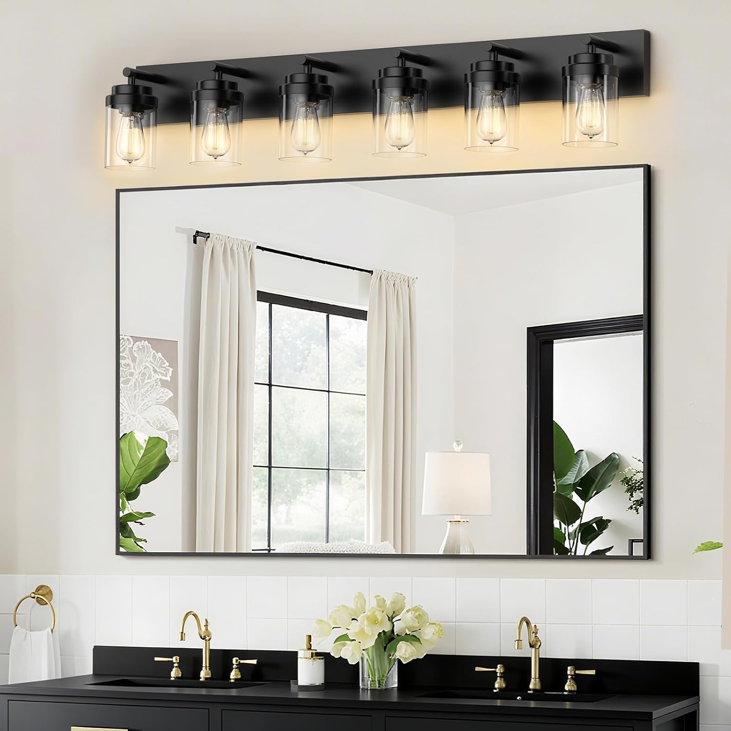 IZORRO Bathroom Vanity Light Fixture, 6-Light 46 Inch Matte Black Bathroom Light Fixtures Over Mirror, with Clear Glass Shade, Modern Farmhouse Vanity Lights, Rustic Restroom Lighting Fixtures