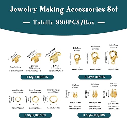 Miniatura 2 de 990 piezas de accesorios de fabricación de joyas doradas, 90 cierres de pinza de langosta, 300 anillos de salto, 200 extremos plegables, 300 puntas