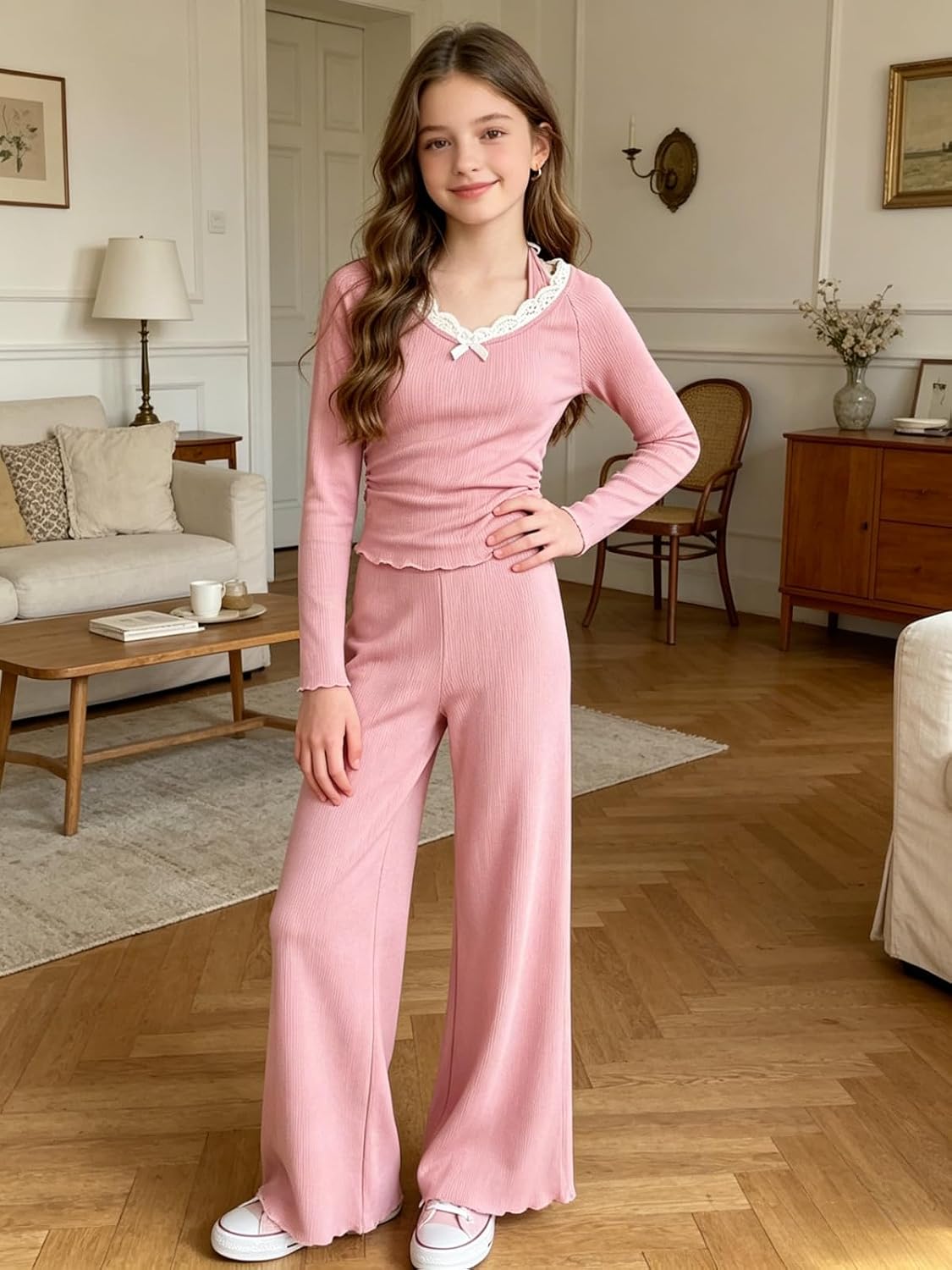 Girls Outfits Lace Neck Long Sleeved