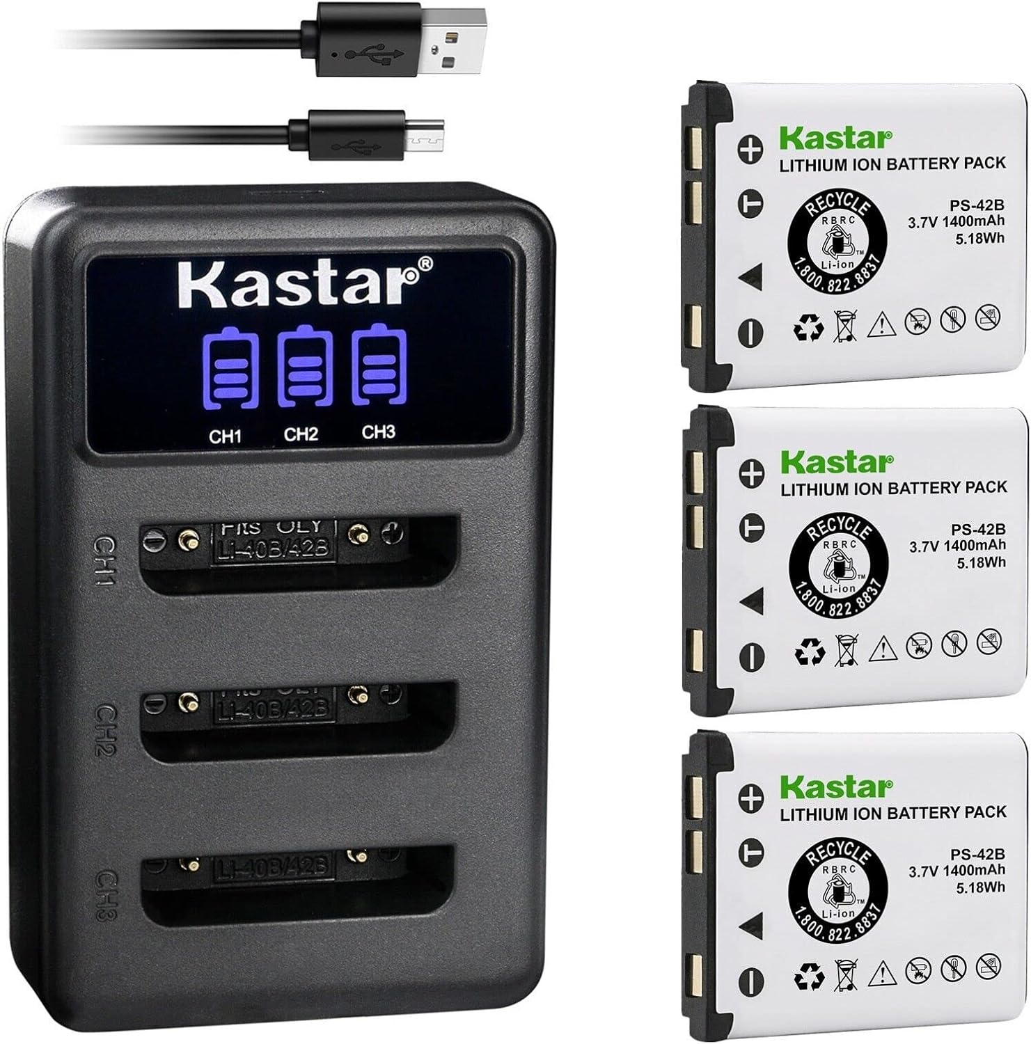 Kastar 4 Pack Battery and LCD Triple USB Charger Compatible with Panasonic WX-CH455 WX-SB100 WX-ST100 WX-ST300 DECT KX-TCA285 KX-TCA385 KX-UDT121 KX-UDT131 Attune II HD3 Communication System Headset