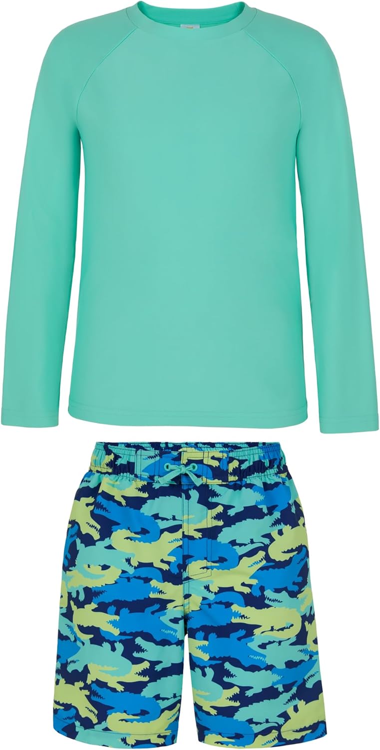 Saint Eve Kids 2 Piece Long Sleeve Rash Guard & Swim Trunks Set with UPF 50+ Protection - Boys Swimsuit Set, Aqua Gator Camo, Large