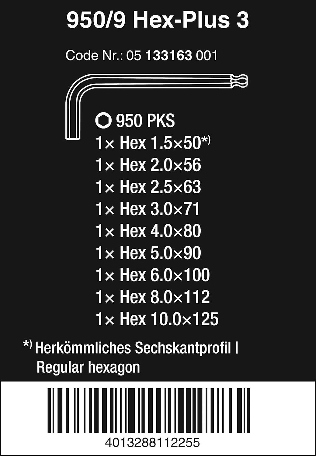 Wera 05133163001 950/9 Hex-Plus 3 L-key set, metric, chrome-plated, 9 pieces