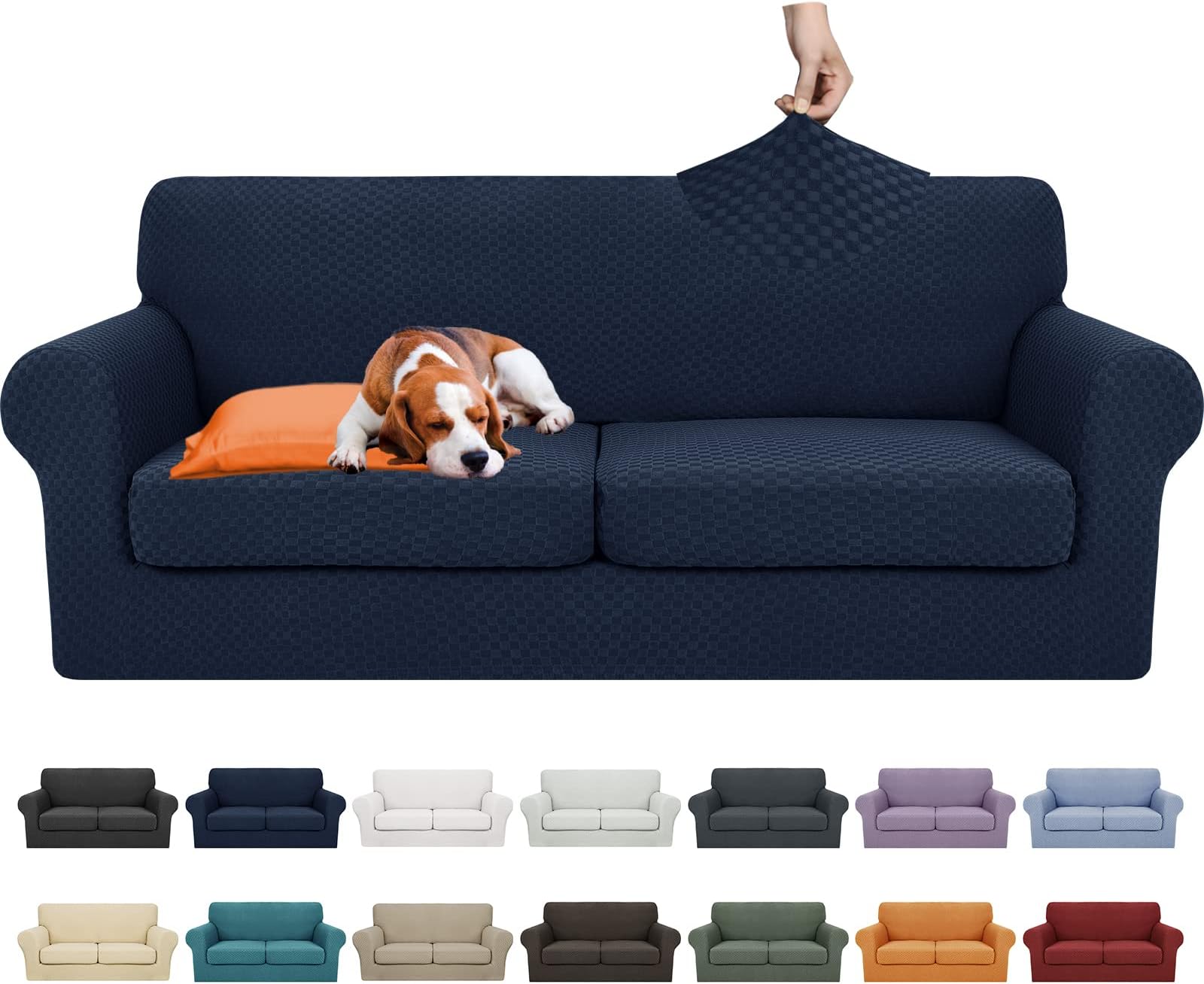 YEMYHOM Latest Checkered 3 Pieces Couch Covers for 2 Cushion Couch High Stretch Sofa Cover with 2 Extra Large Seat Cushion Covers Anti Slip Elastic Slipcovers (Navy), 71"-91"(2 Cushions)Global Recycled StandardGlobal Recycled StandardGlobal Recycled Standard