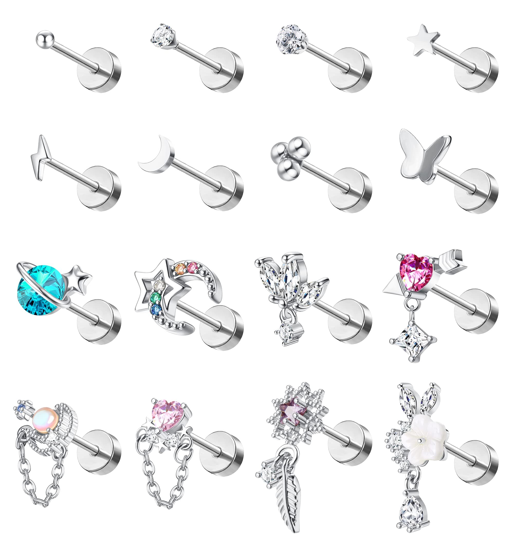 Adramata 20G Piercing Oreja para Mujere Acero Quirúrgico Pendientes Piercing Flower Love CZ Oreja Piercing Cartílago Helix Tragus Piercing Joyería