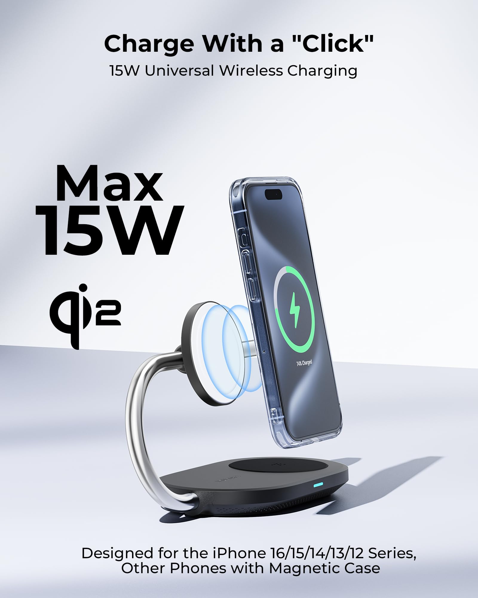 VOLTME MagPak 3 en 1 Cargador Inalámbrico, 15W Base de Carga Plegable de Viaje Qi2, Recarga Rápida Compatible con iPhone 16 15 14 13 Pro MAX Airpods iWatch y Otros, Incluye 40W USB-C Cargador y Cable