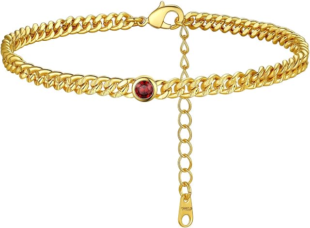 FindChic Cuban Chain Anklet with 12 Month Synthetic Birthstone Foot Jewelelry Adjustable Gold Plated Ankle Bracelets for Women