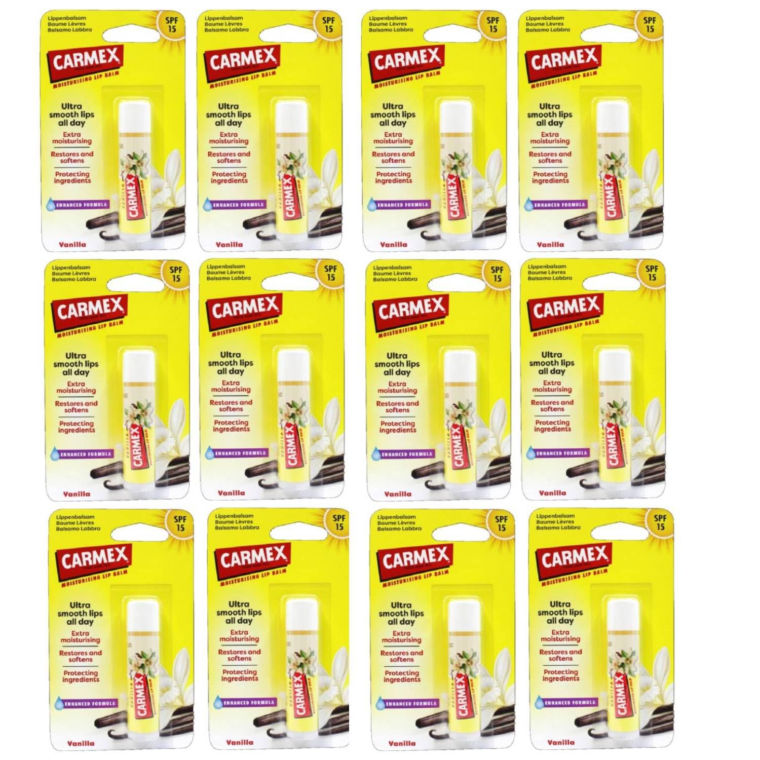 Carmex Vanille Lippenbalsam extra feuchtigkeitsspendend LSF 15 12 Einheiten